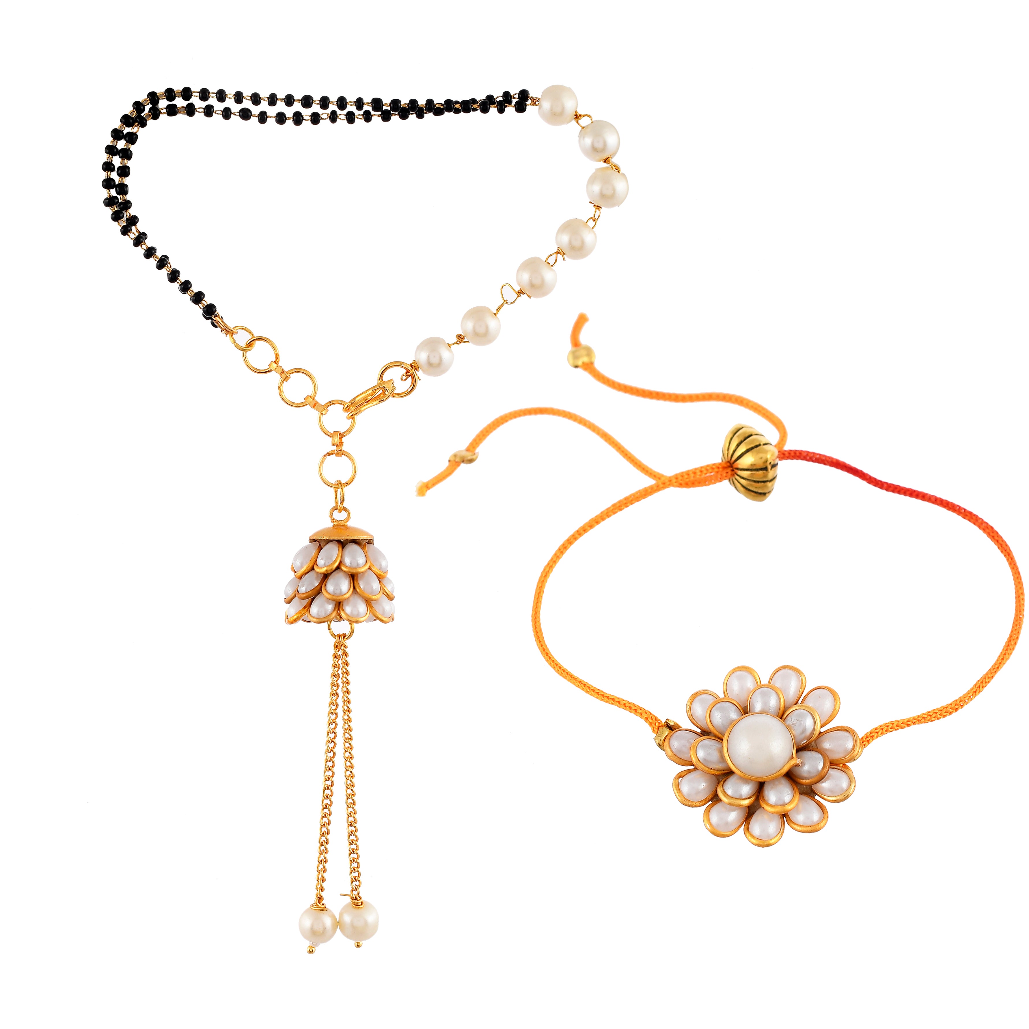 Elegant Pearl & Black Bead Mangalsutra Bracelet and Floral Rakhi Gift Set for Sister