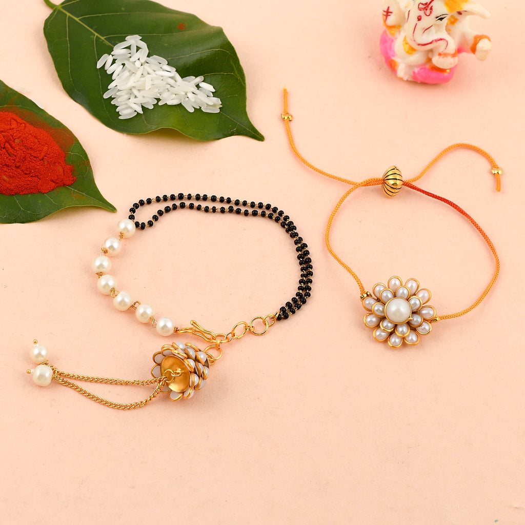 Elegant Pearl & Black Bead Mangalsutra Bracelet and Floral Rakhi Gift Set for Sister