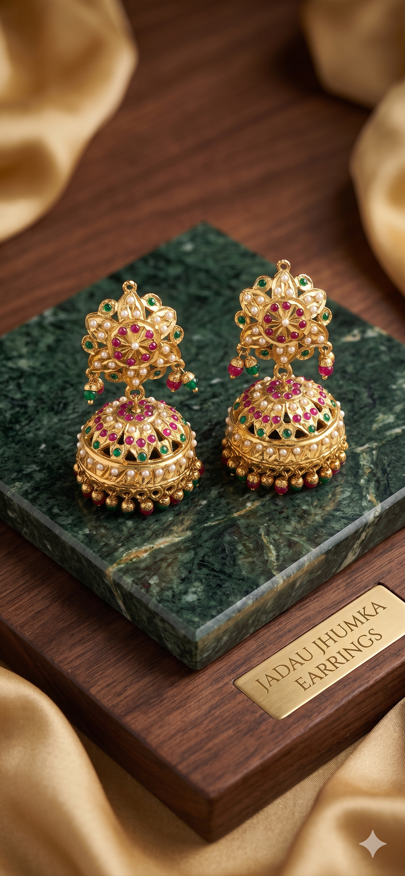 Exquisite Handcrafted Jadau Jhumka Earrings – Traditional Gold Plated Floral Design with Ruby & Emerald Stones
