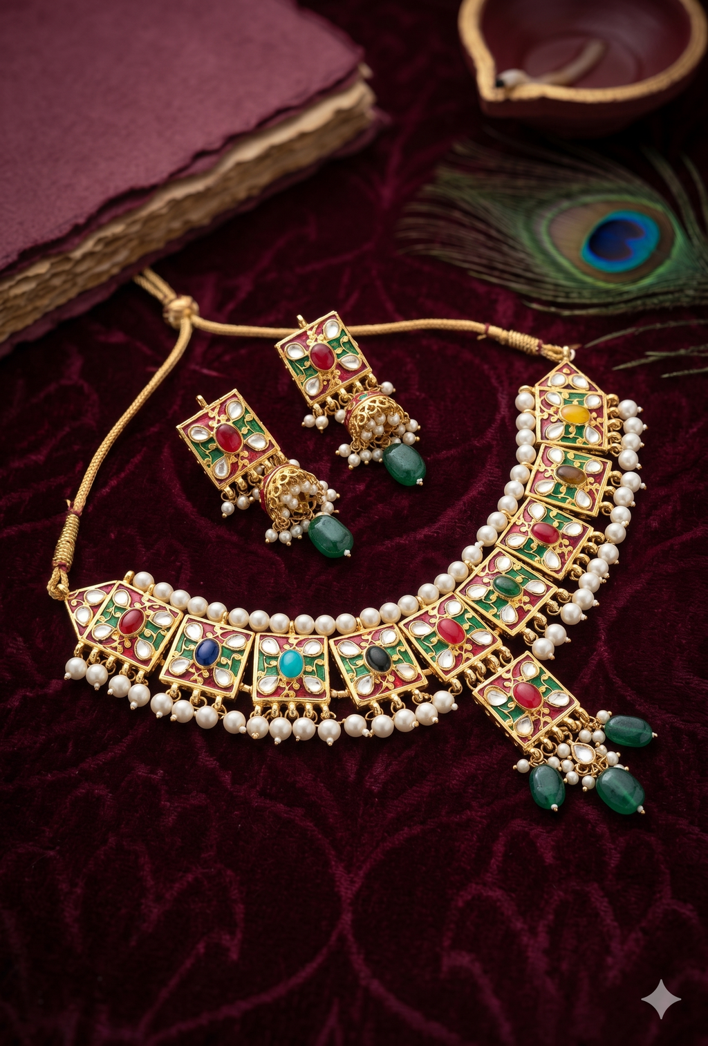 Traditional Kundan & Meenakari Choker Set - Multi-Color Handcrafted Necklace with Jhumka Earrings
