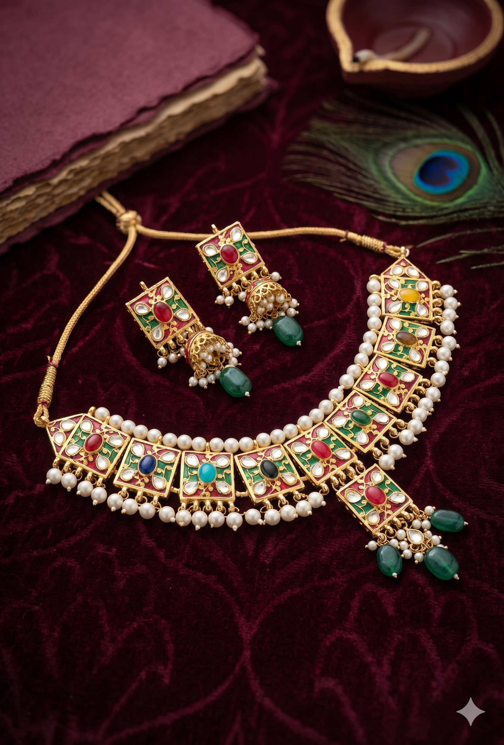 Traditional Kundan & Meenakari Choker Set - Multi-Color Handcrafted Necklace with Jhumka Earrings