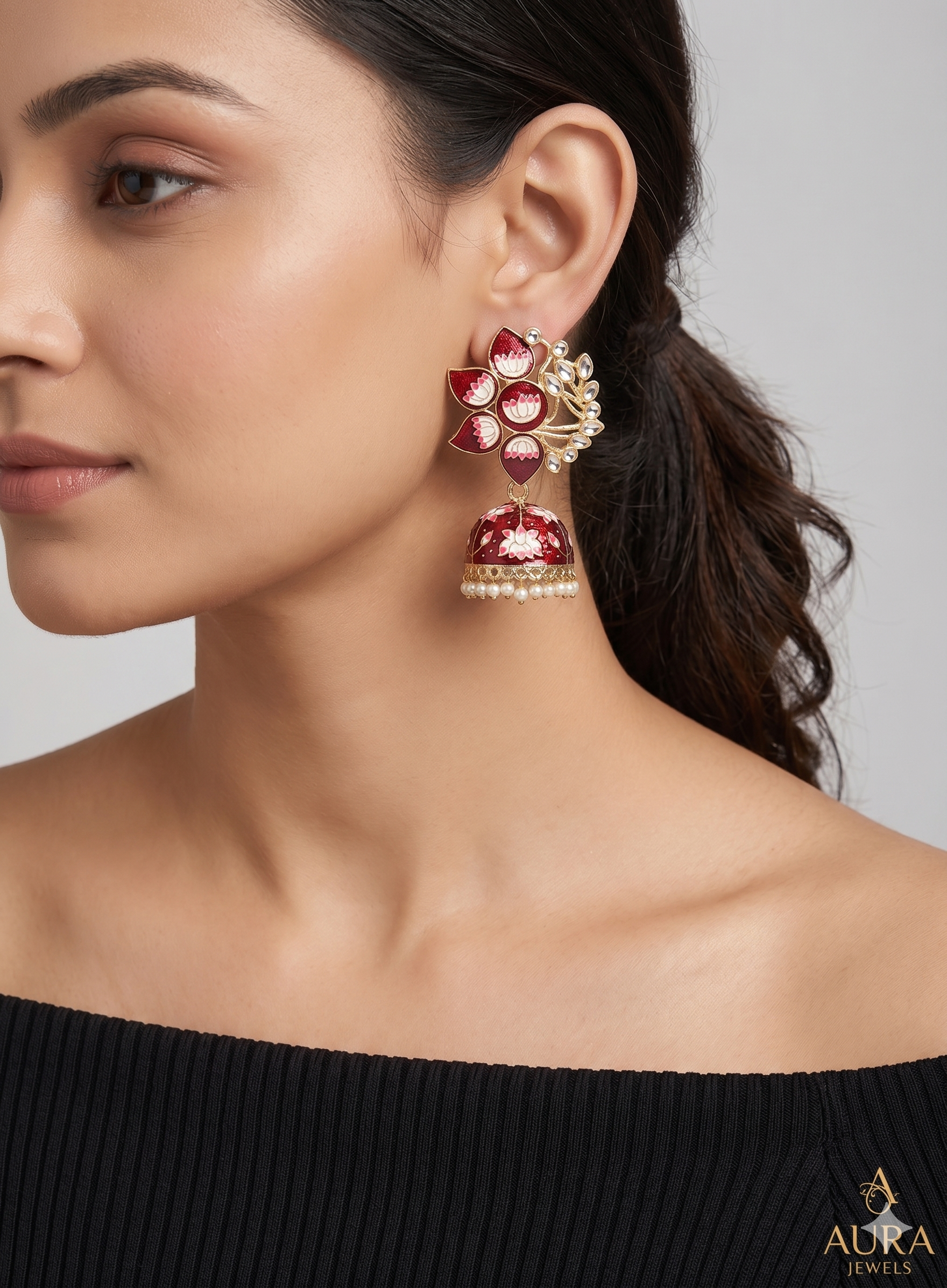 Maroon Meenakari Lotus Jhumka Earrings with Kundan Accents