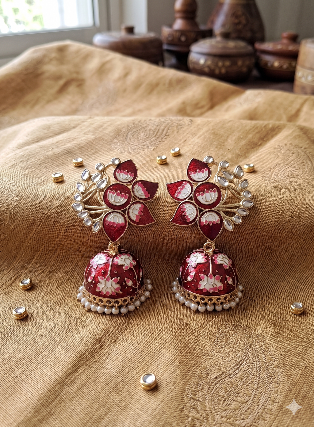 Maroon Meenakari Lotus Jhumka Earrings with Kundan Accents