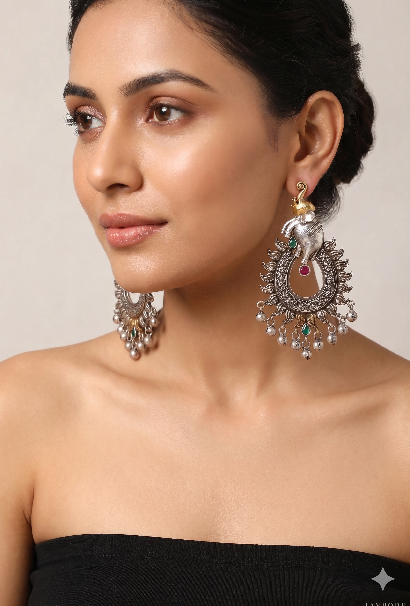 Vintage-Inspired Oxidized Silver Elephant Chandbali Earrings with Dual-Tone Accents