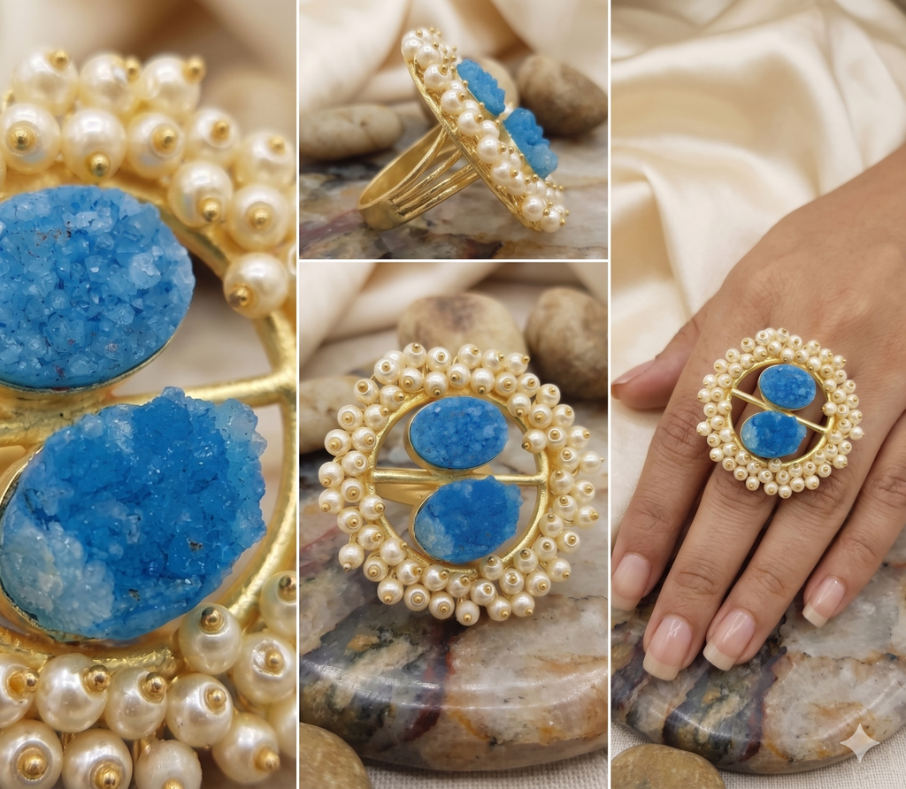 Handcrafted Gold-Tone Statement Ring with Vibrant Blue Druzy Stones and Pearl Halo