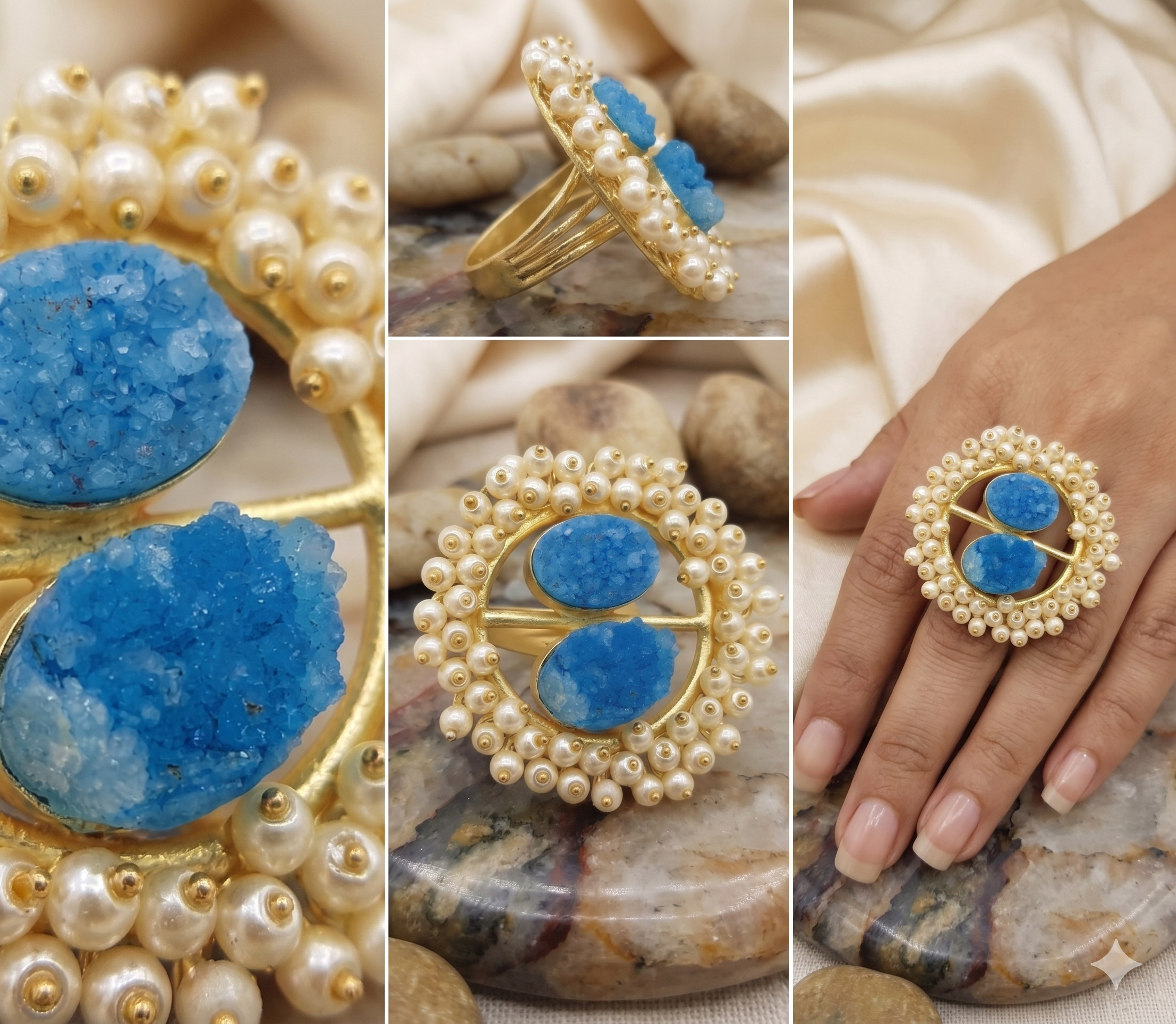Handcrafted Gold-Tone Statement Ring with Vibrant Blue Druzy Stones and Pearl Halo