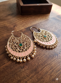 Pink Enamel Filigree Hoop Earrings with Green Stone & Pearls