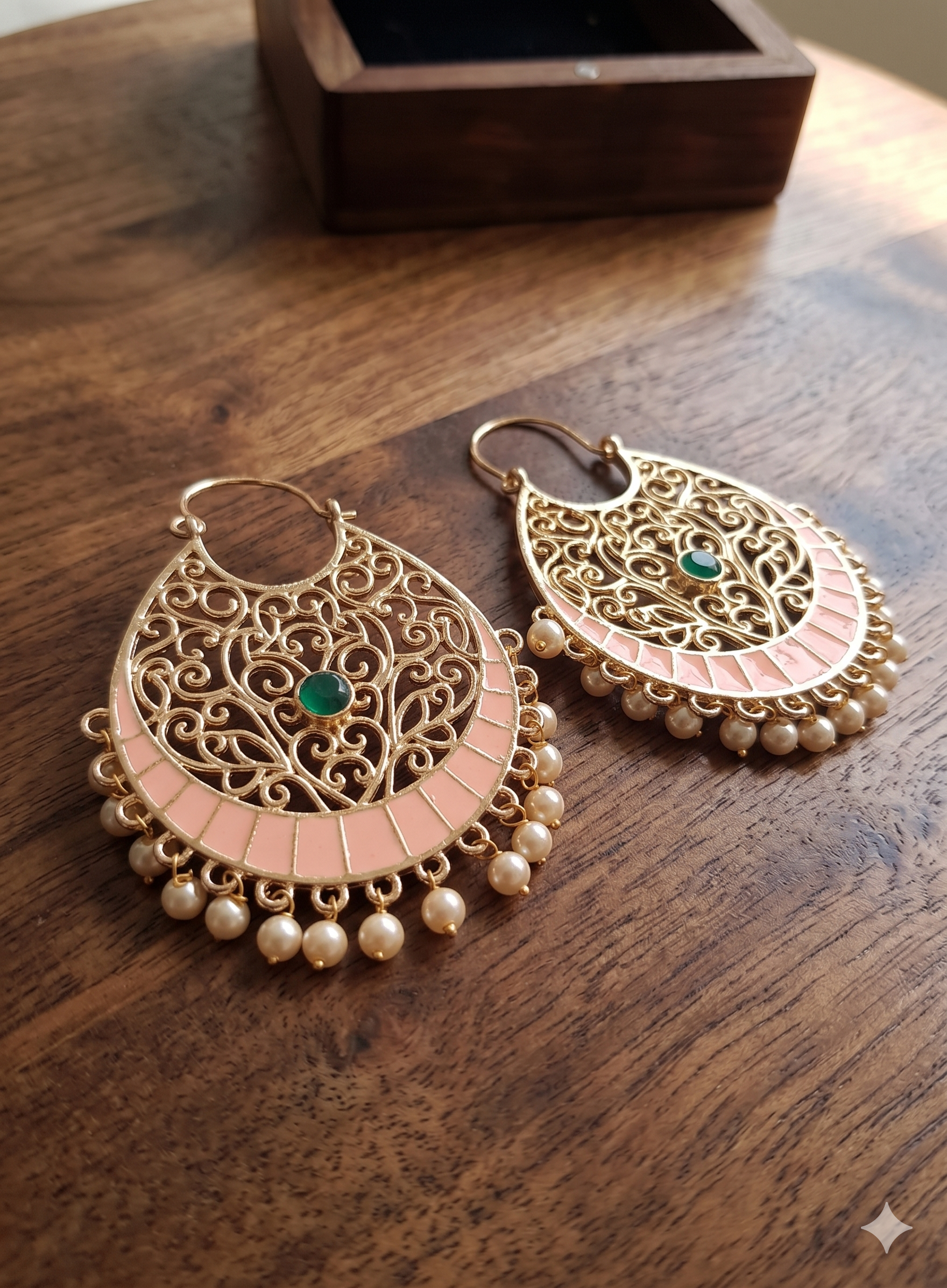 Pink Enamel Filigree Hoop Earrings with Green Stone & Pearls
