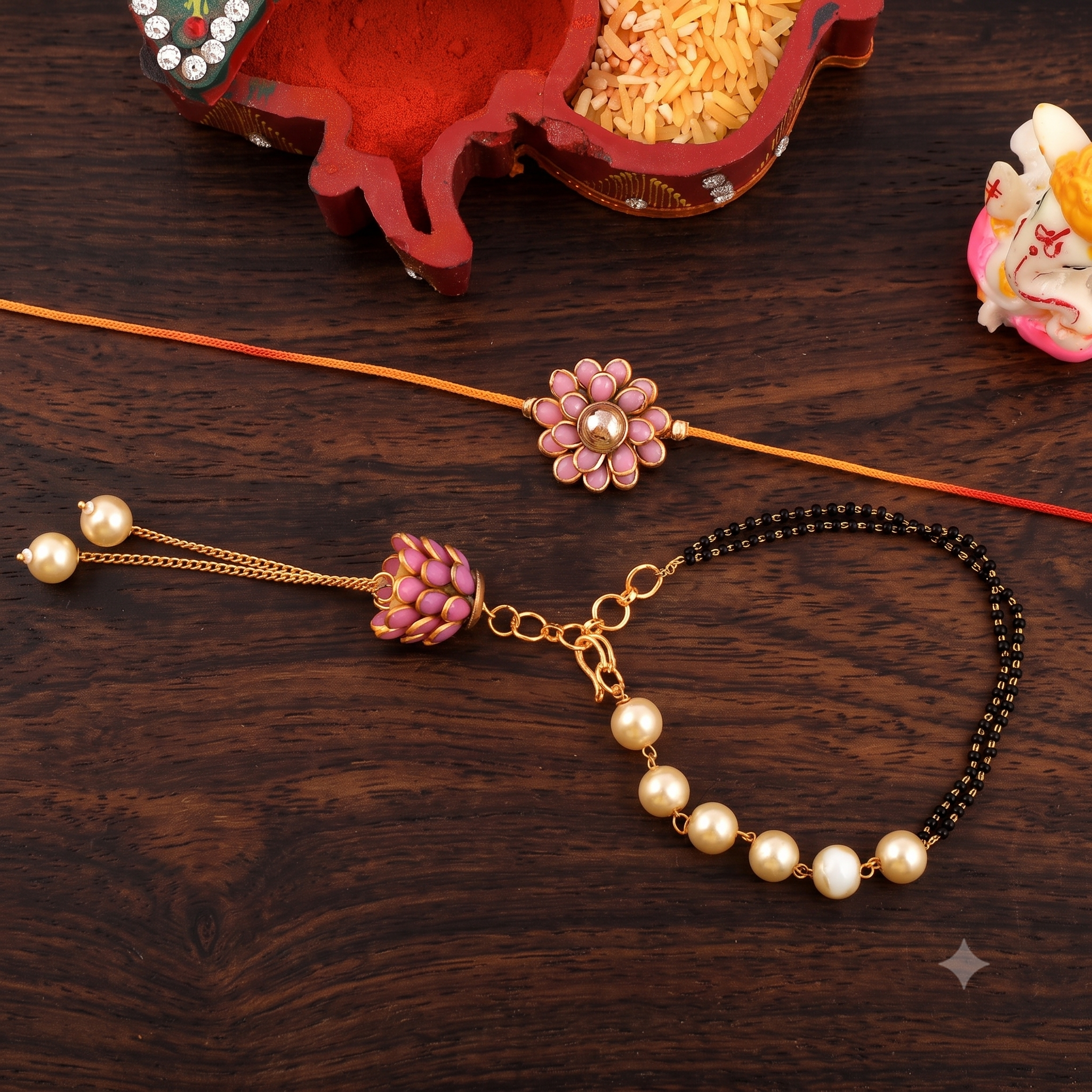 Elegant Bhaiya Bhabhi Rakhi Set - Pink Floral Thread Rakhi & Pearl Lumba Bracelet Combo