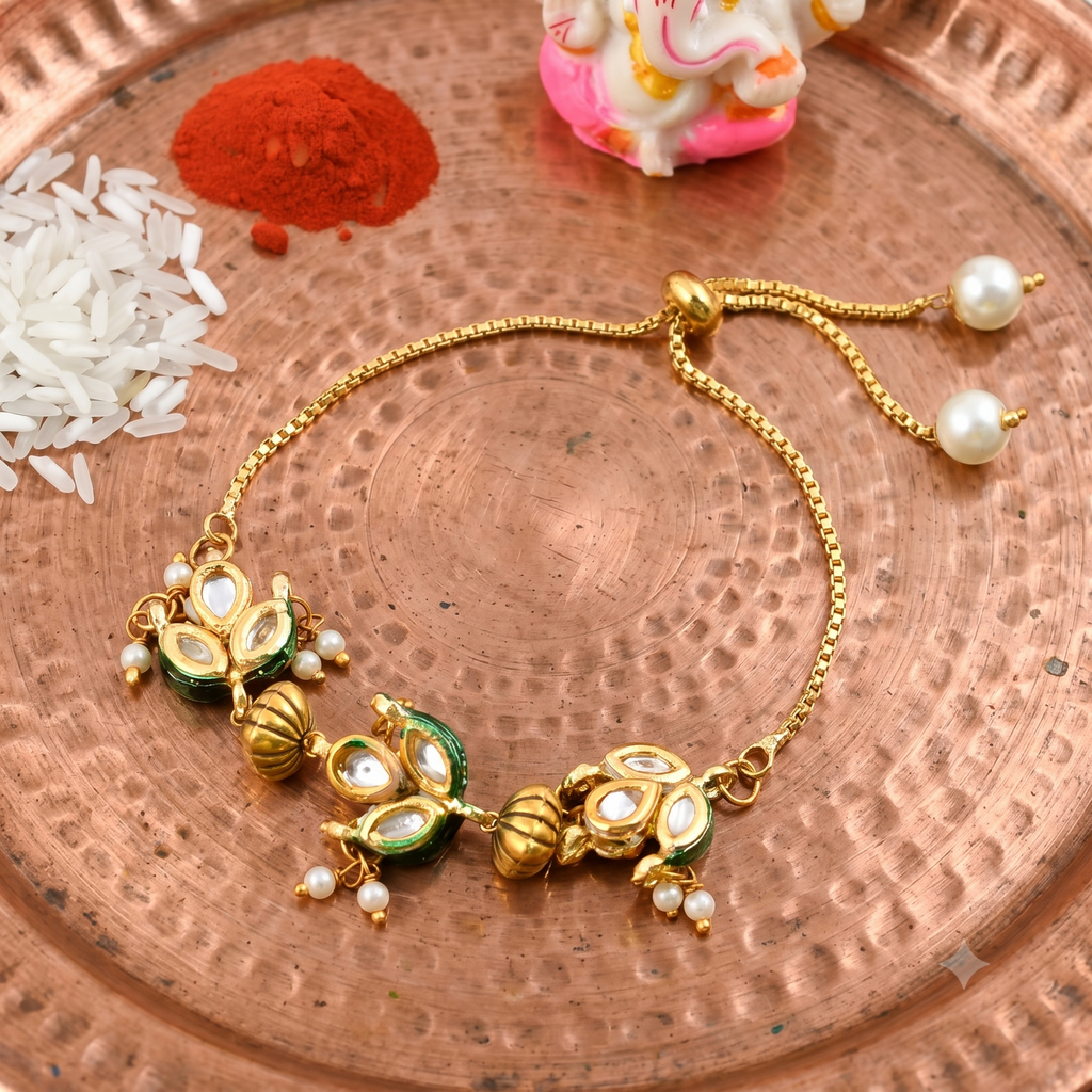 Designer Meenakari Peacock Rakhi Bracelet - Gold Plated Kandan Adjustable Rakhi