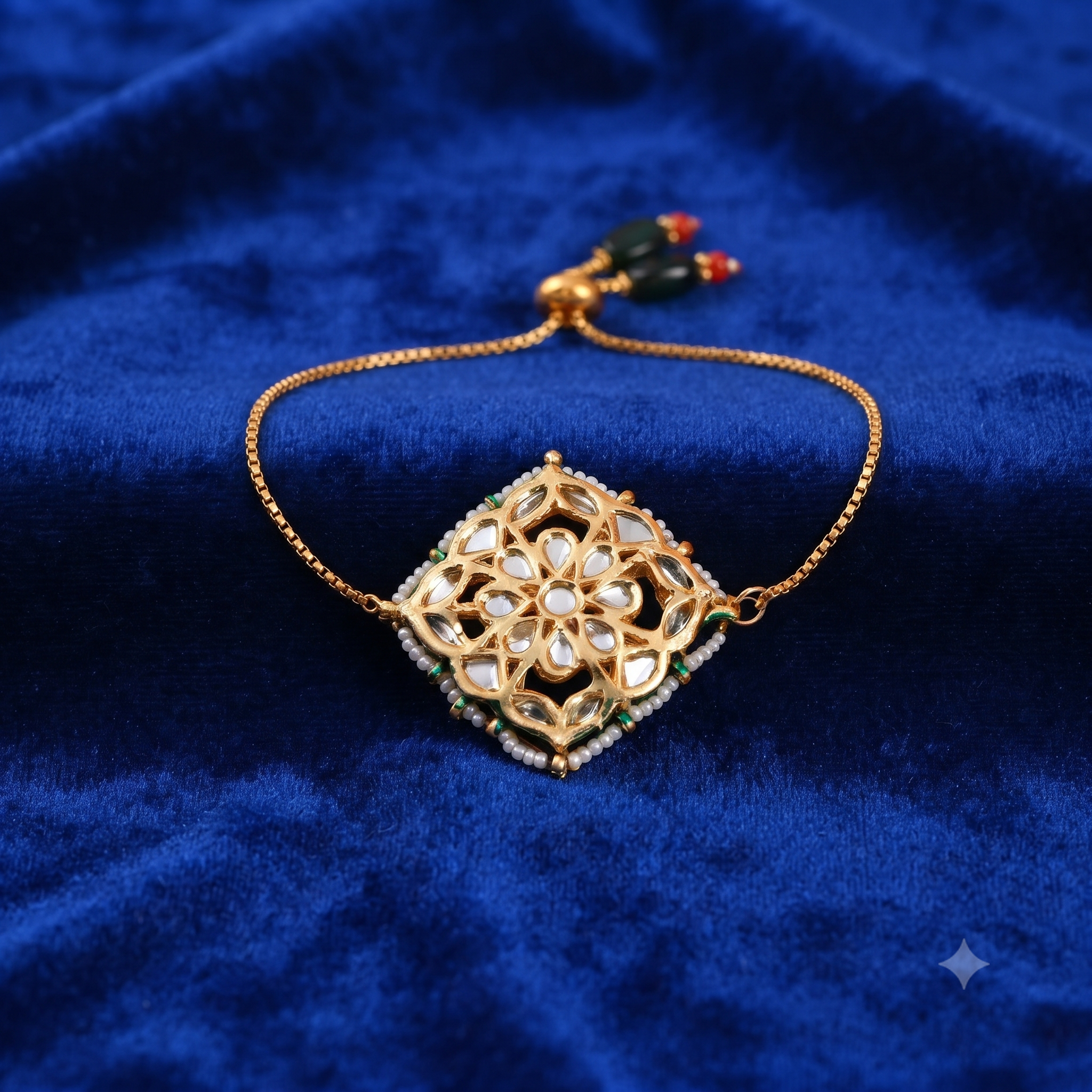 Handcrafted Kundan & Pearl Adjustable Rakhi Bracelet – Premium Festive Gift