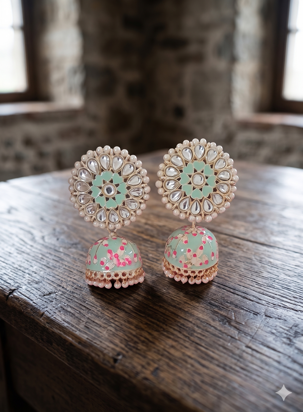 Mint Green Pastel Meenakari Jhumka Earrings with Kundan & Pearl Accents
