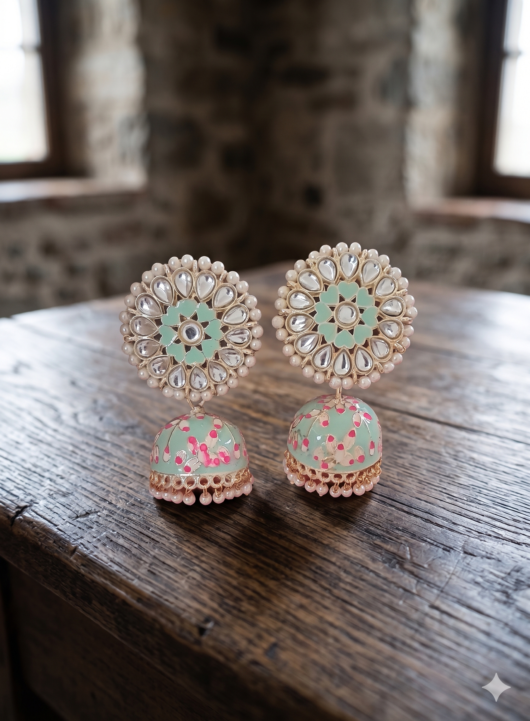 Mint Green Pastel Meenakari Jhumka Earrings with Kundan & Pearl Accents