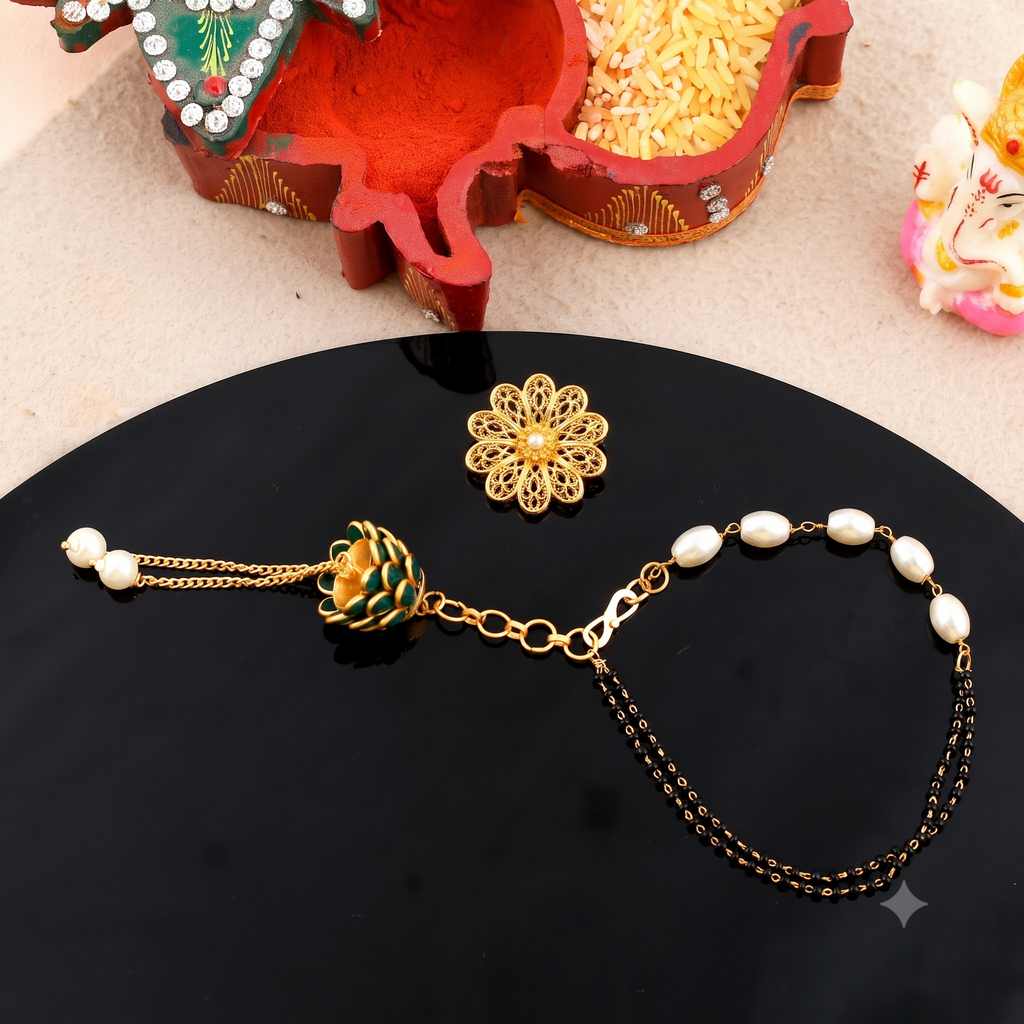 Elegant Bhaiya Bhabhi Rakhi Set – Green Floral Thread Rakhi & Pearl Lumba Bracelet Set