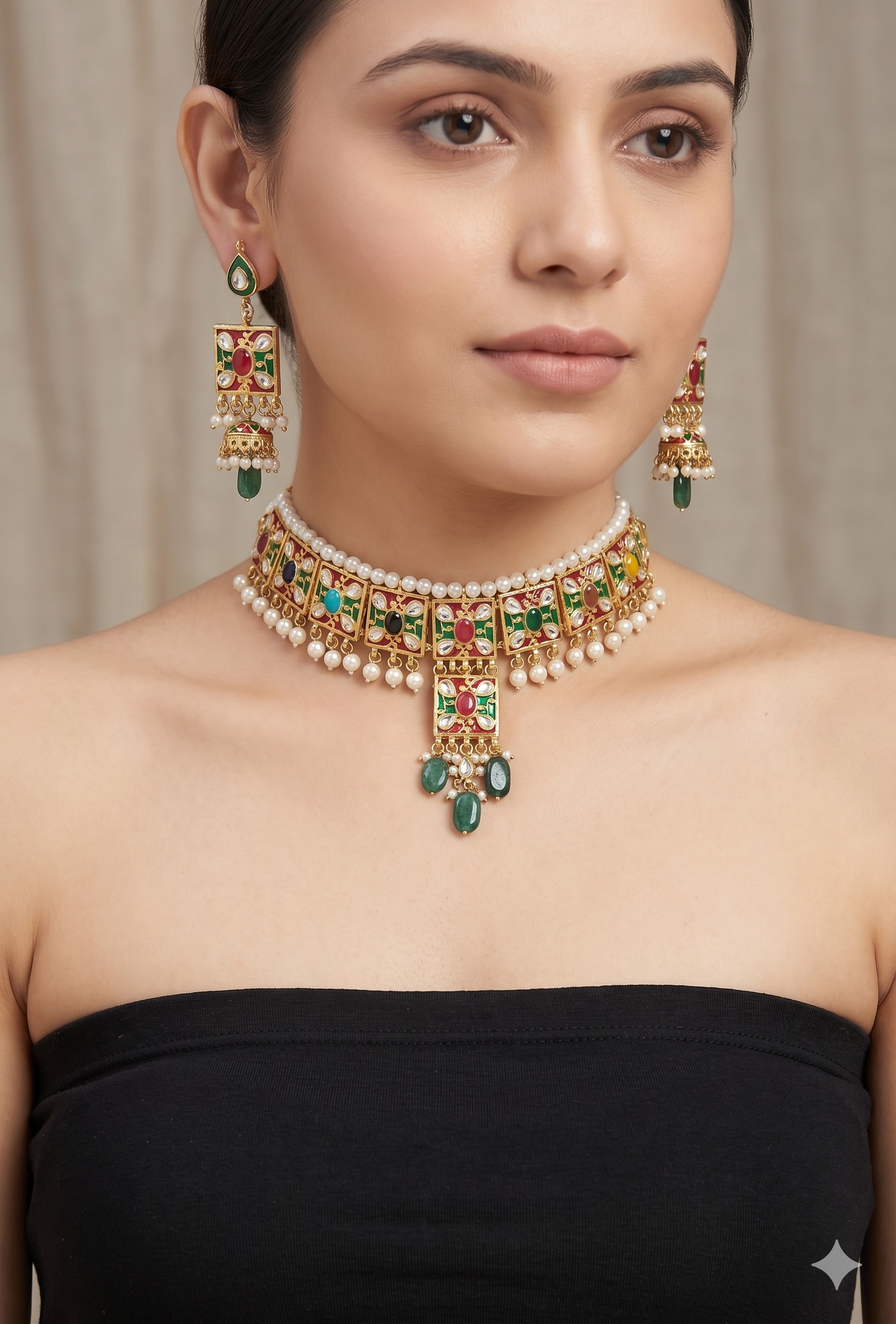 Traditional Kundan & Meenakari Choker Set - Multi-Color Handcrafted Necklace with Jhumka Earrings