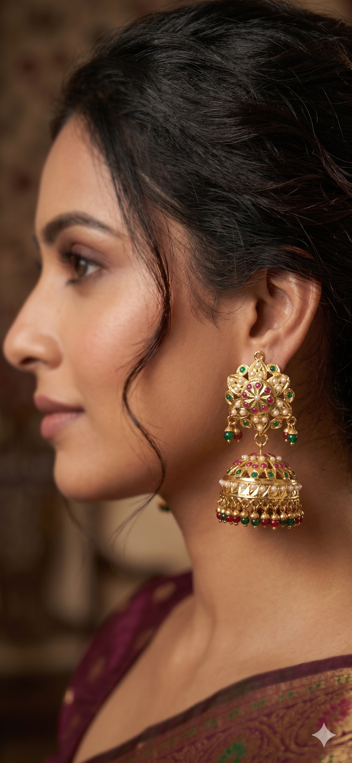 Exquisite Handcrafted Jadau Jhumka Earrings – Traditional Gold Plated Floral Design with Ruby & Emerald Stones