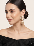 Hand-Painted Beige Lotus Jhumka Earrings with Kundan & Pearl Accents
