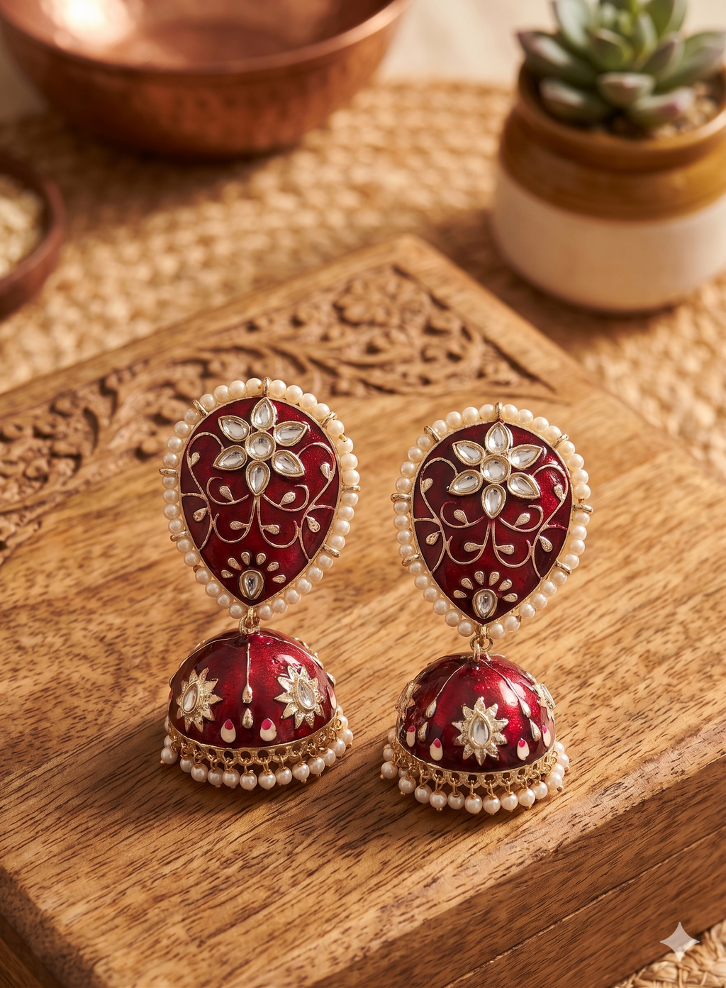 Handcrafted Red Meenakari Jhumka Earrings with Pearl Borders