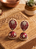 Handcrafted Red Meenakari Jhumka Earrings with Pearl Borders