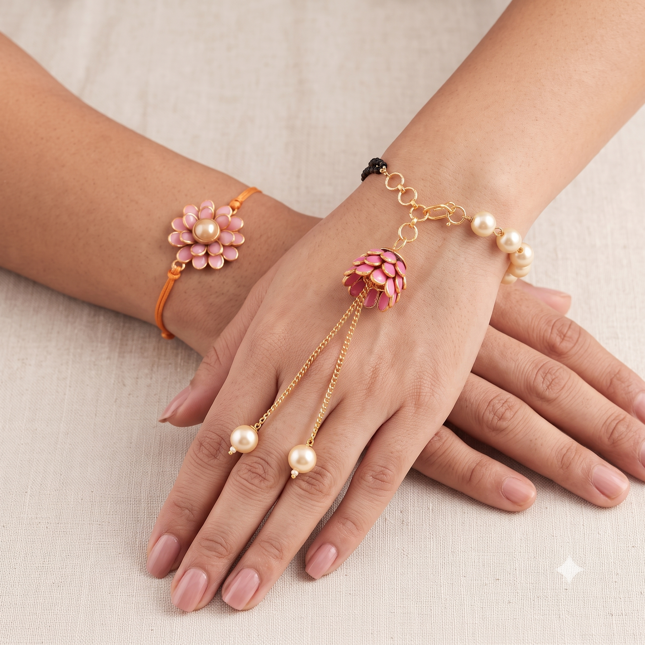 Elegant Bhaiya Bhabhi Rakhi Set - Pink Floral Thread Rakhi & Pearl Lumba Bracelet Combo