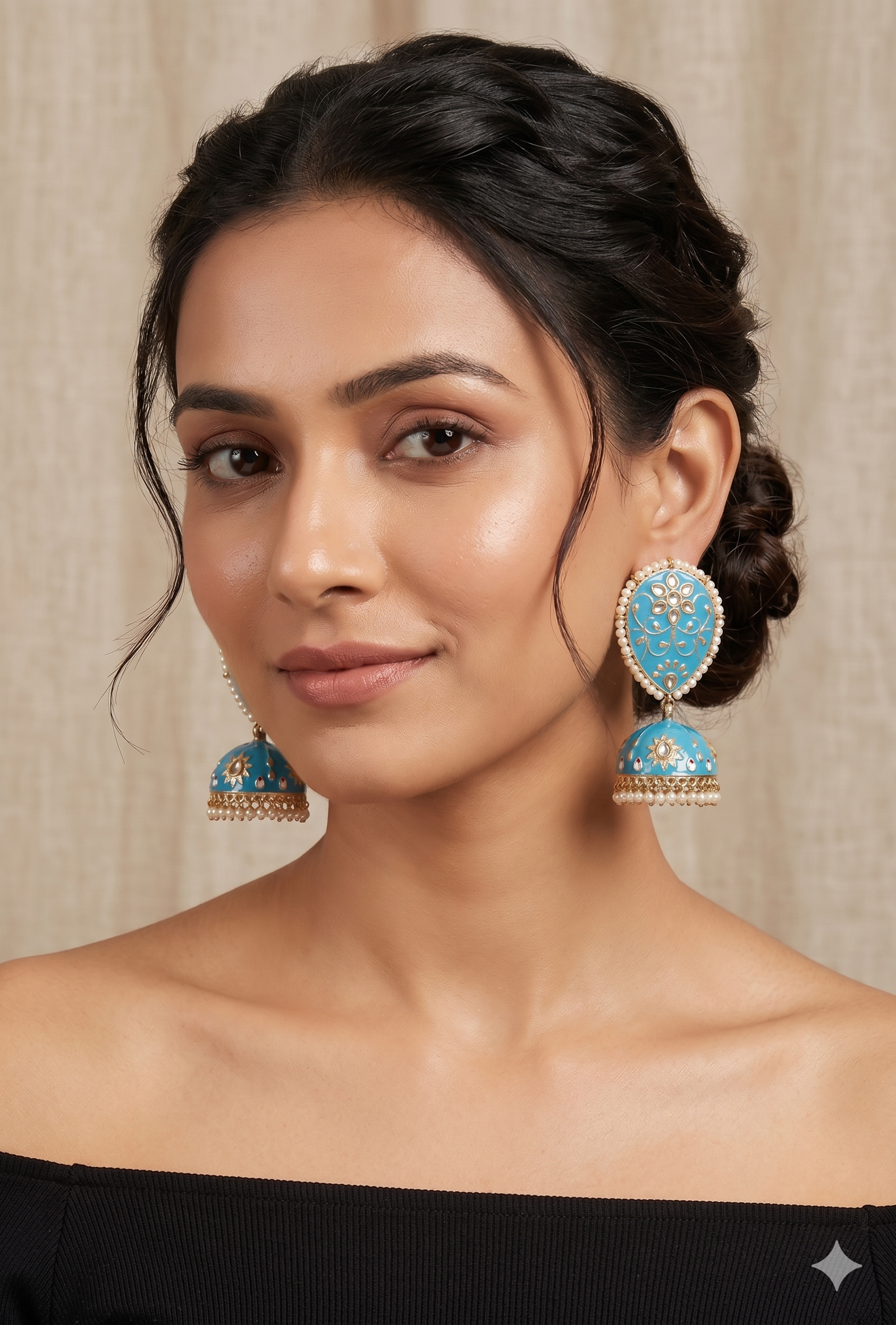 Sky Blue Meenakari Jhumka Earrings with Pearl Borders & Kundan Detailing