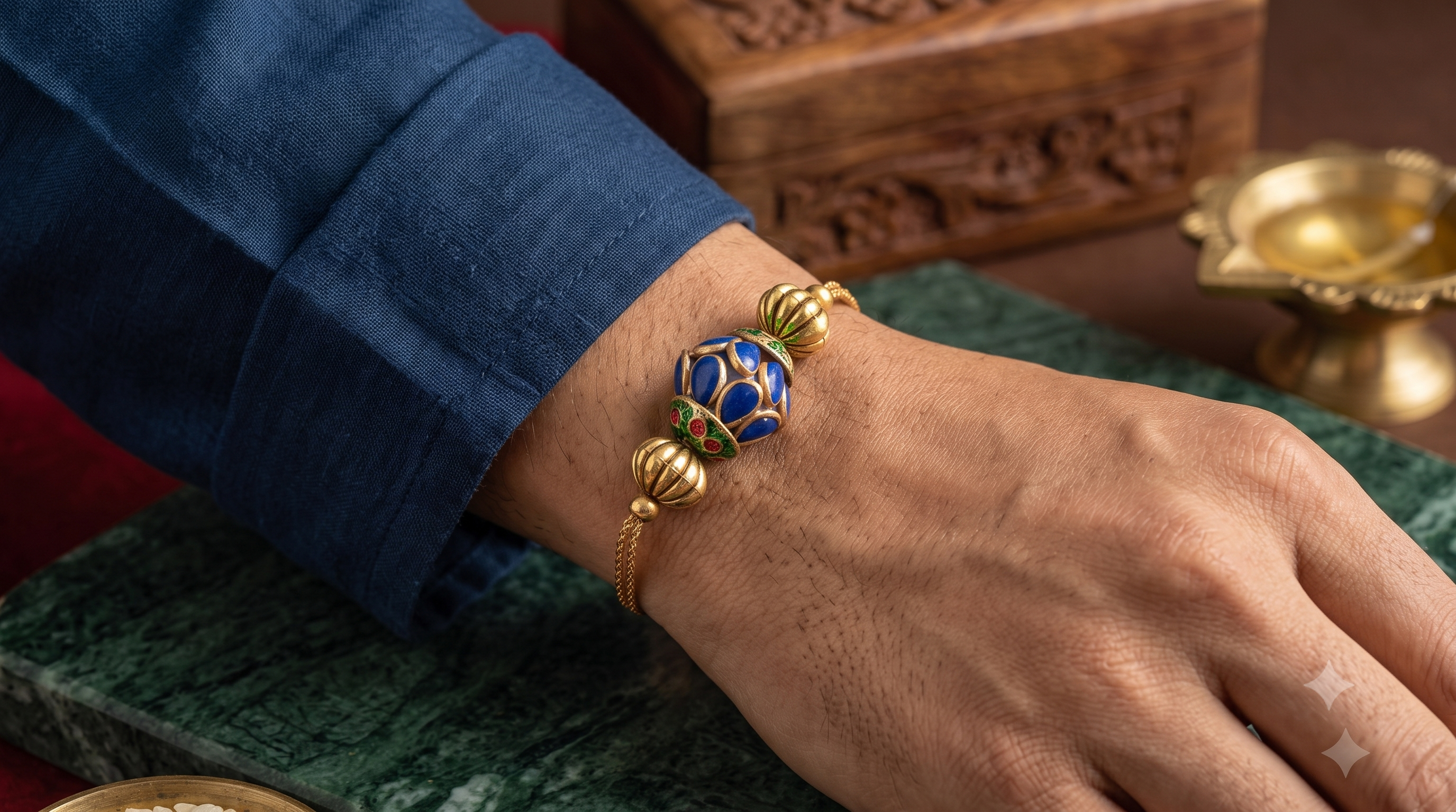 Handcrafted Meenakari Evil Eye Rakhi for Brother | Traditional Blue & Gold Festive Thread