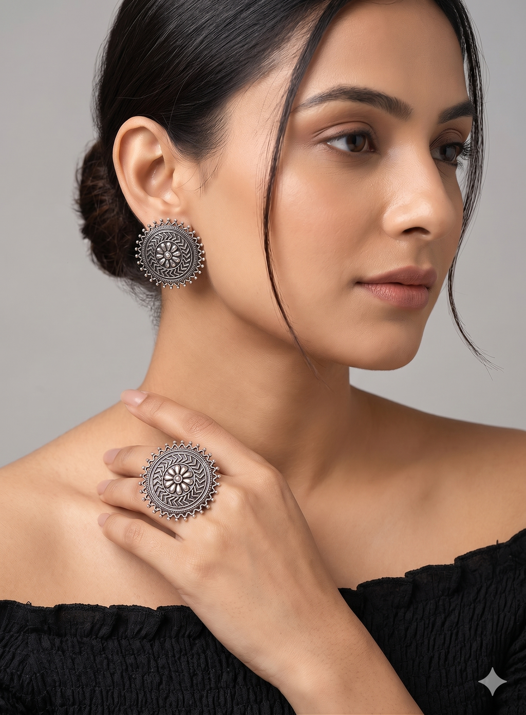 Handcrafted Oxidized Silver Mandala Stud Earrings - Boho Tribal Statement Studs