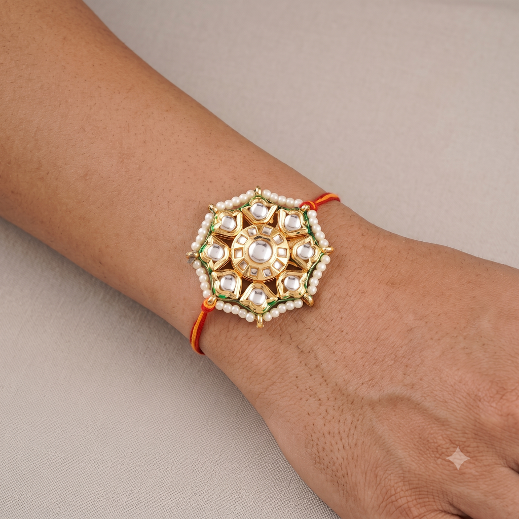 Designer Bhaiya Bhabhi Rakhi Set - Matching Kundan & Pearl Lumba Rakhi for Brother and Sister-in-Law