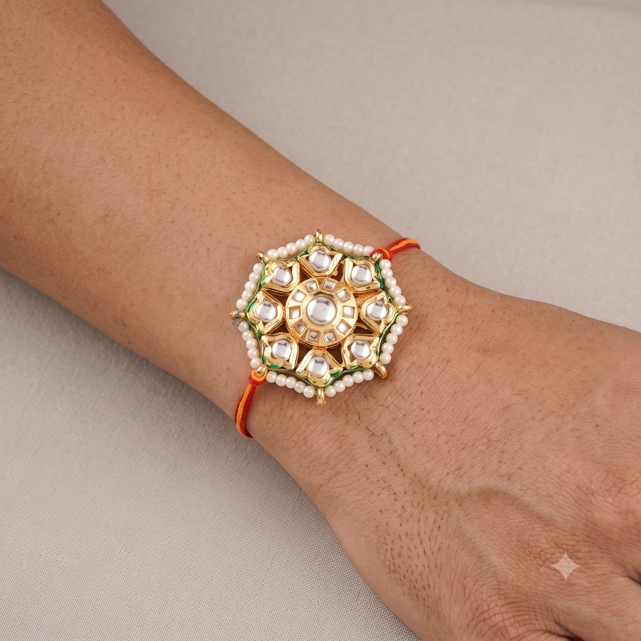 Designer Bhaiya Bhabhi Rakhi Set - Matching Kundan & Pearl Lumba Rakhi for Brother and Sister-in-Law