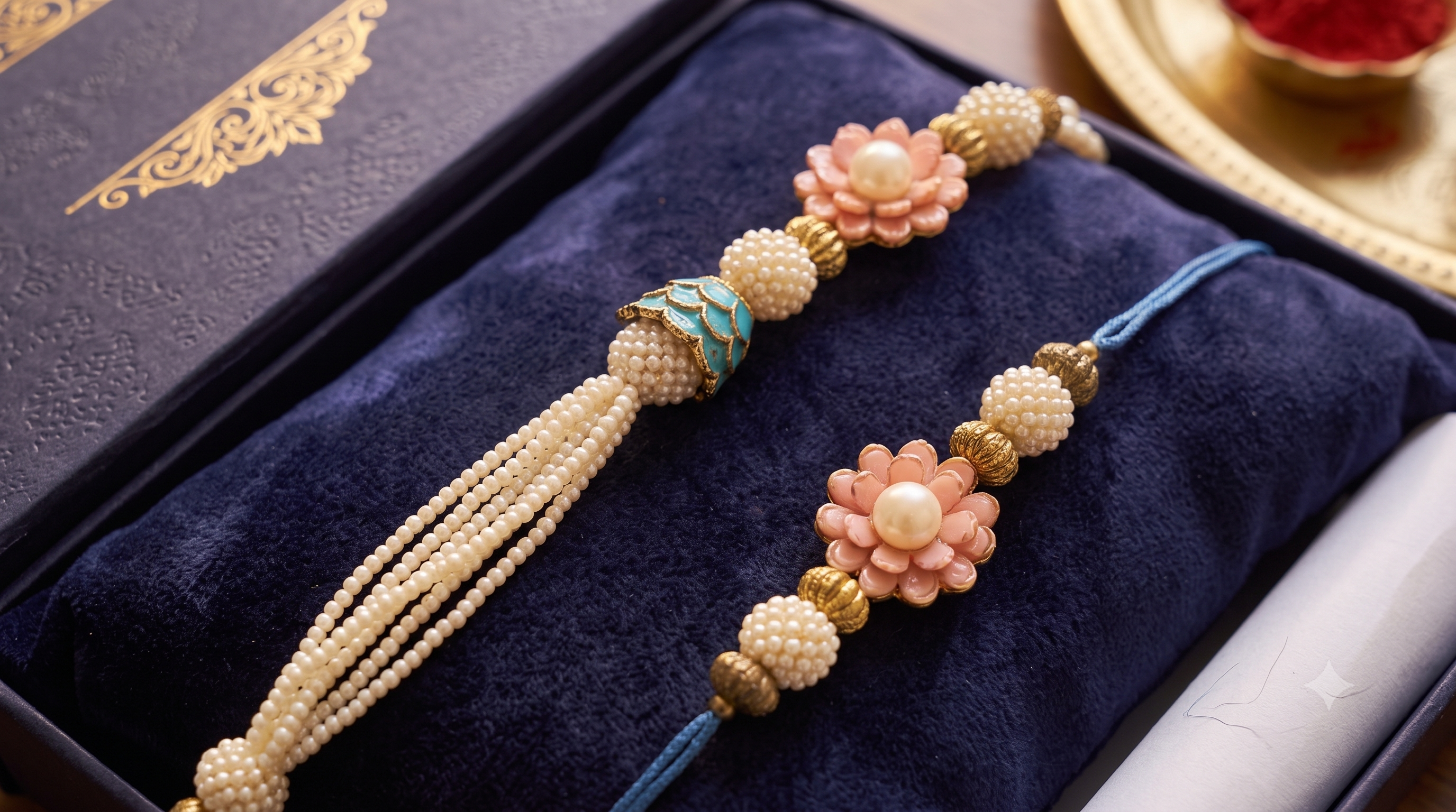 Handcrafted Aurora Pearl & Enamel Rakhi Set - Set of 2 matching rakhis for brother and sister, with intricate blue lotus bead and pink flowers. Gift-ready packaging and fast shipping within India.