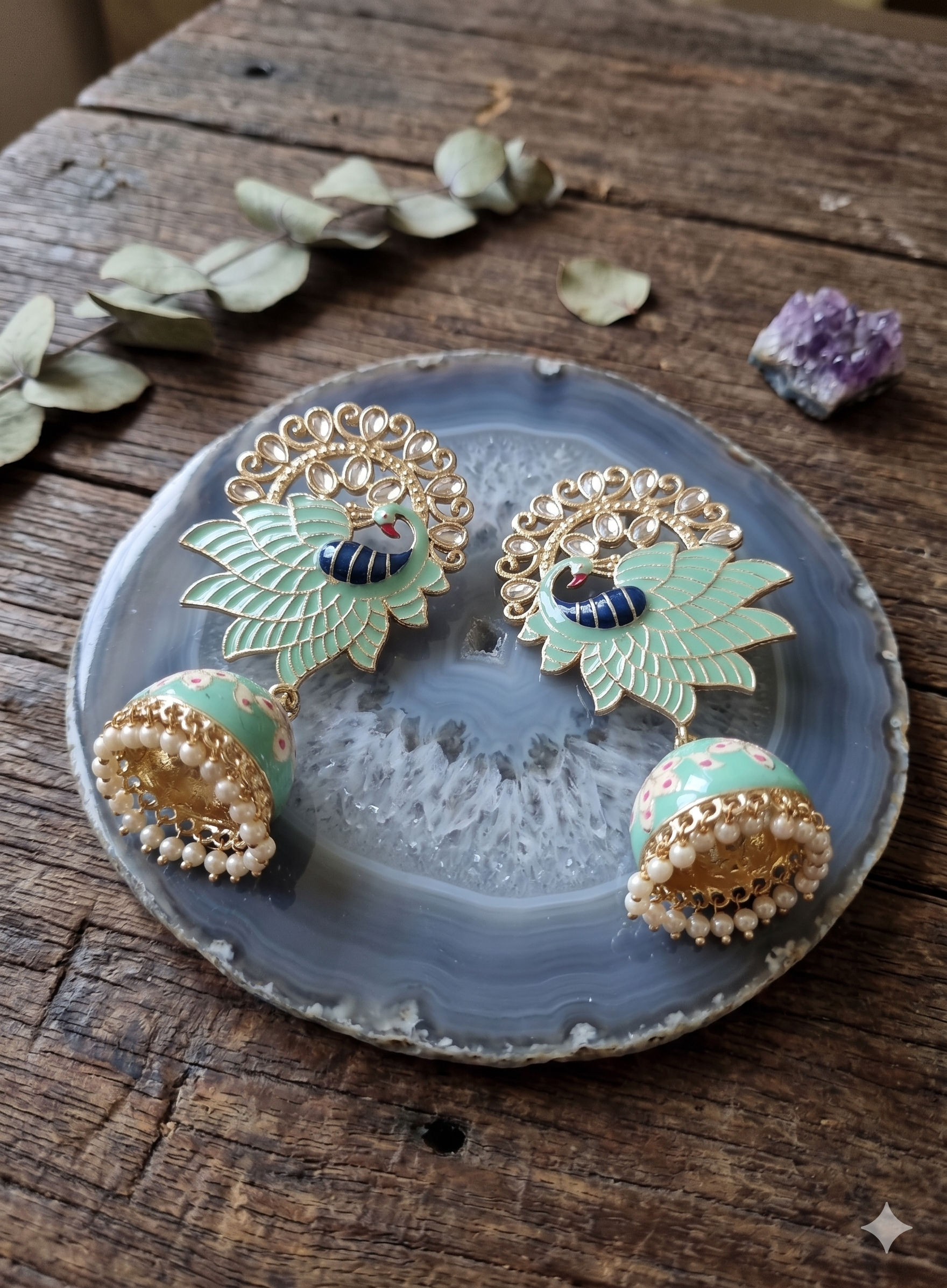 Mint Green Meenakari Peacock Jhumka Earrings – Handcrafted Traditional Drop Earrings