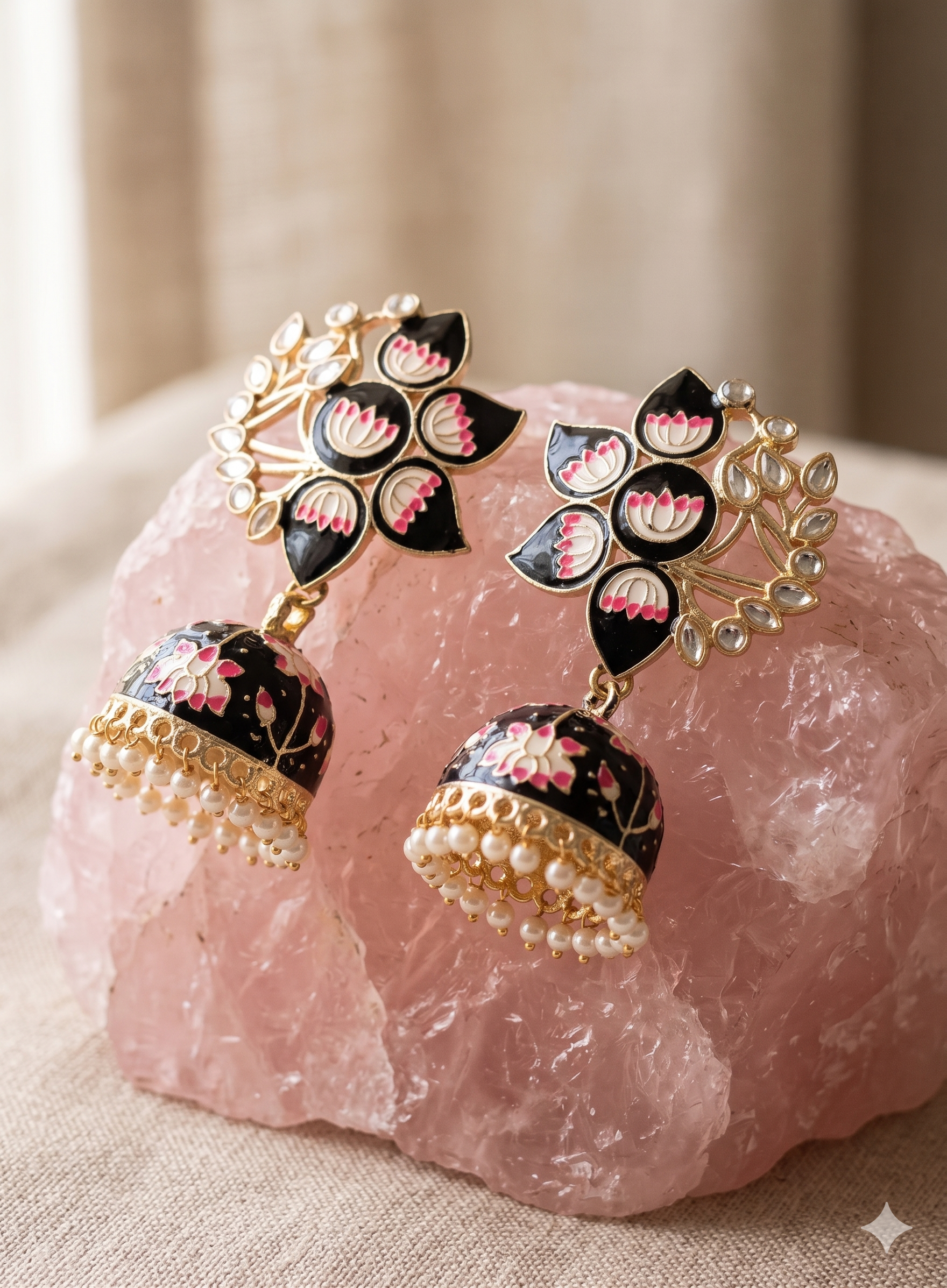 Handcrafted Black Meenakari Lotus Jhumka Earrings with Kundan Details