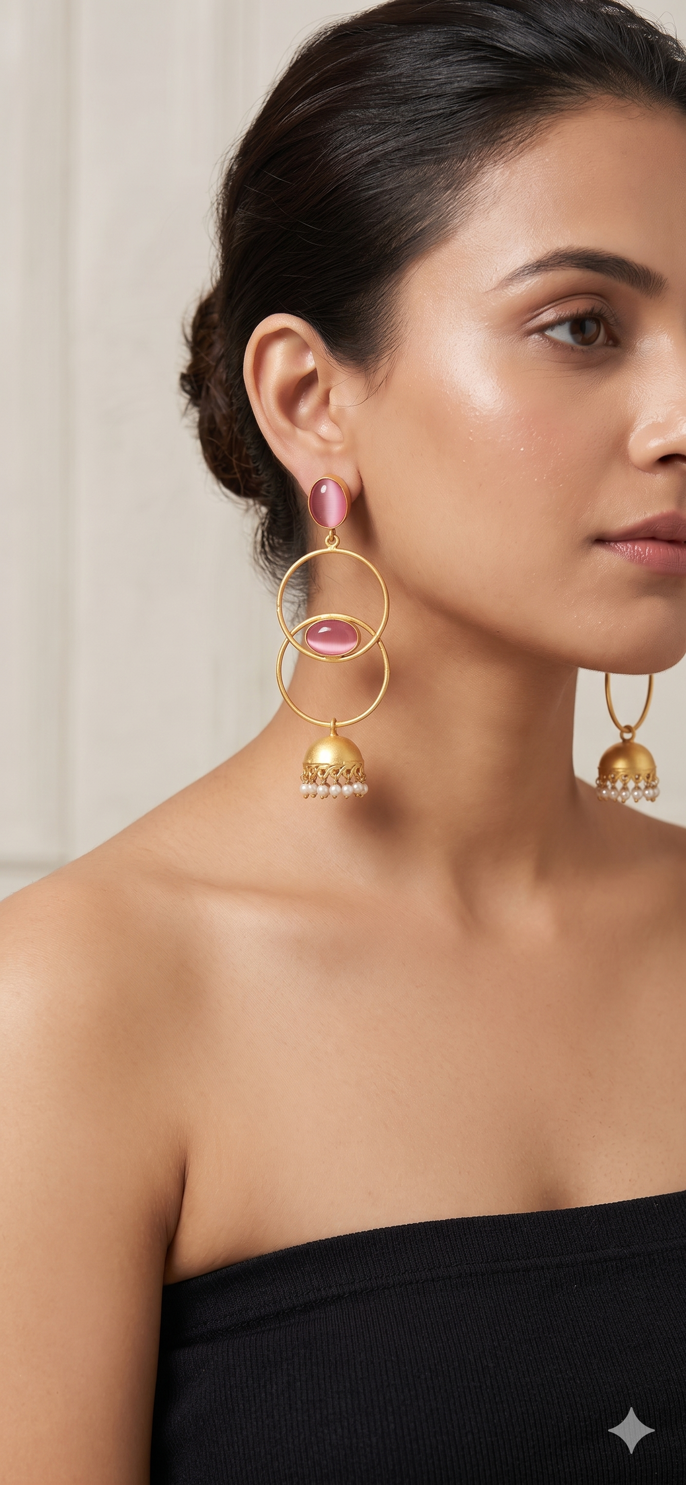 Matte Gold Geometric Hoop Jhumkas with Pink Stones – Handcrafted Ethnic Earrings