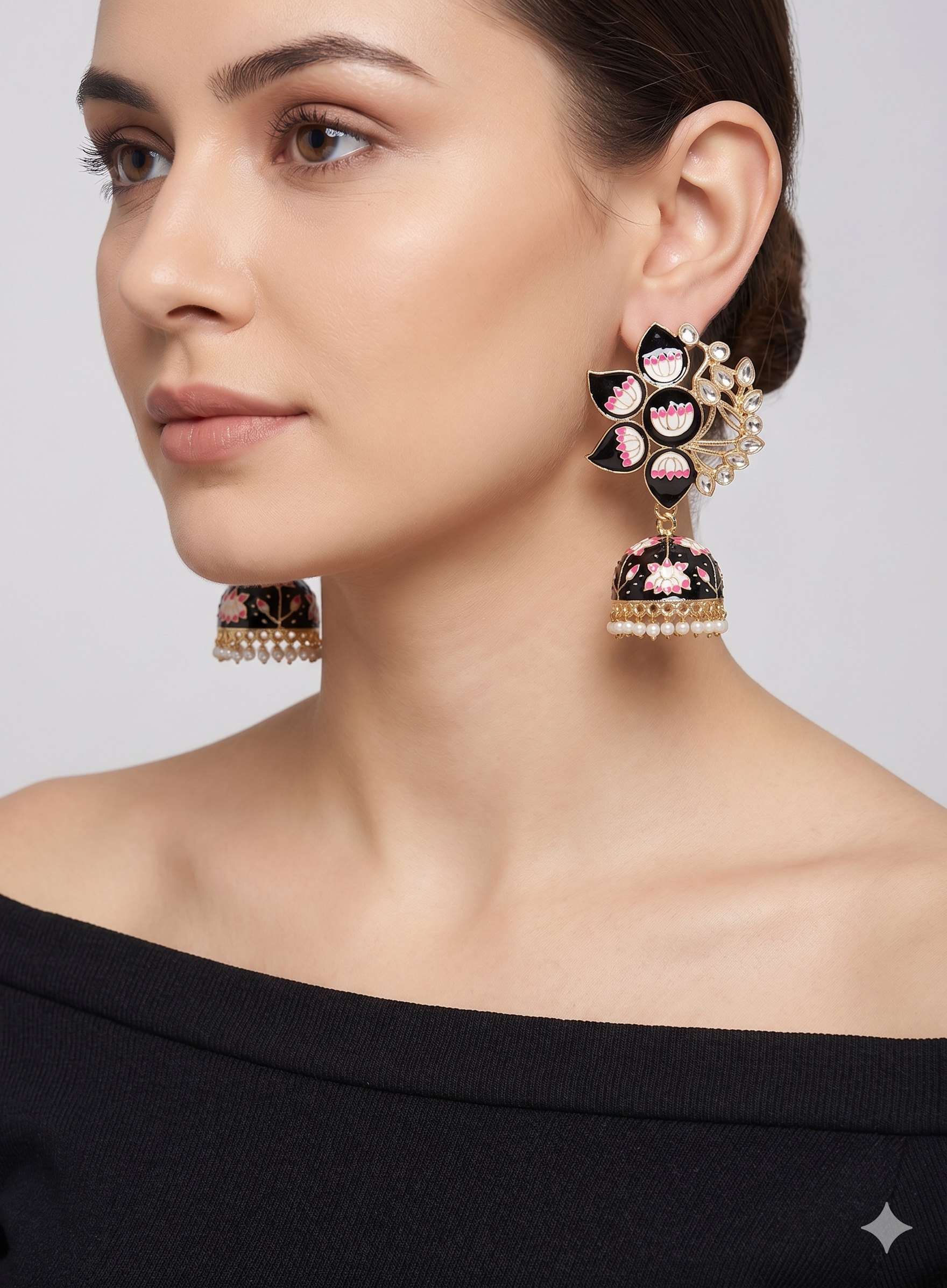 Handcrafted Black Meenakari Lotus Jhumka Earrings with Kundan Details