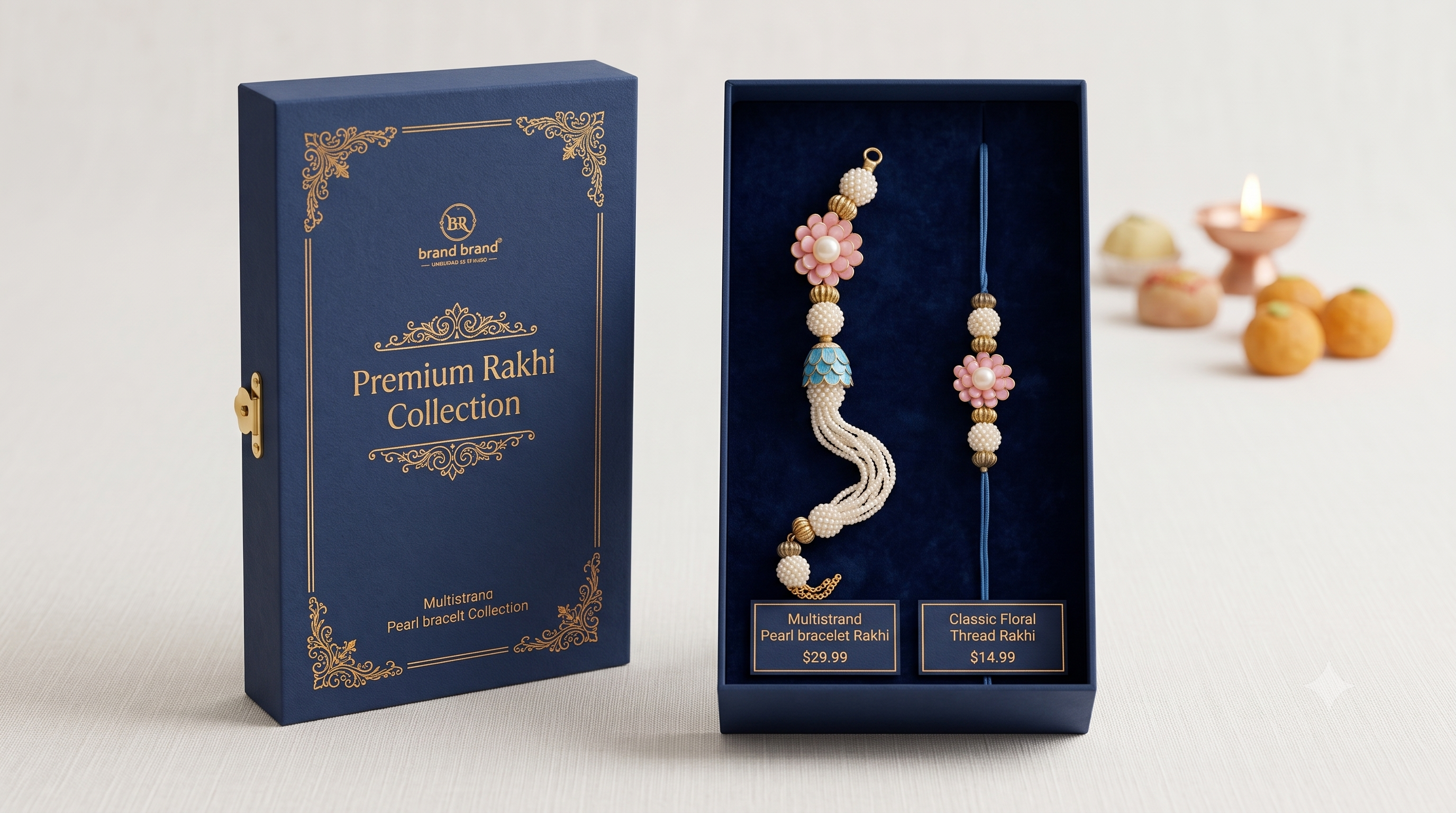 Handcrafted Aurora Pearl & Enamel Rakhi Set - Set of 2 matching rakhis for brother and sister, with intricate blue lotus bead and pink flowers. Gift-ready packaging and fast shipping within India.