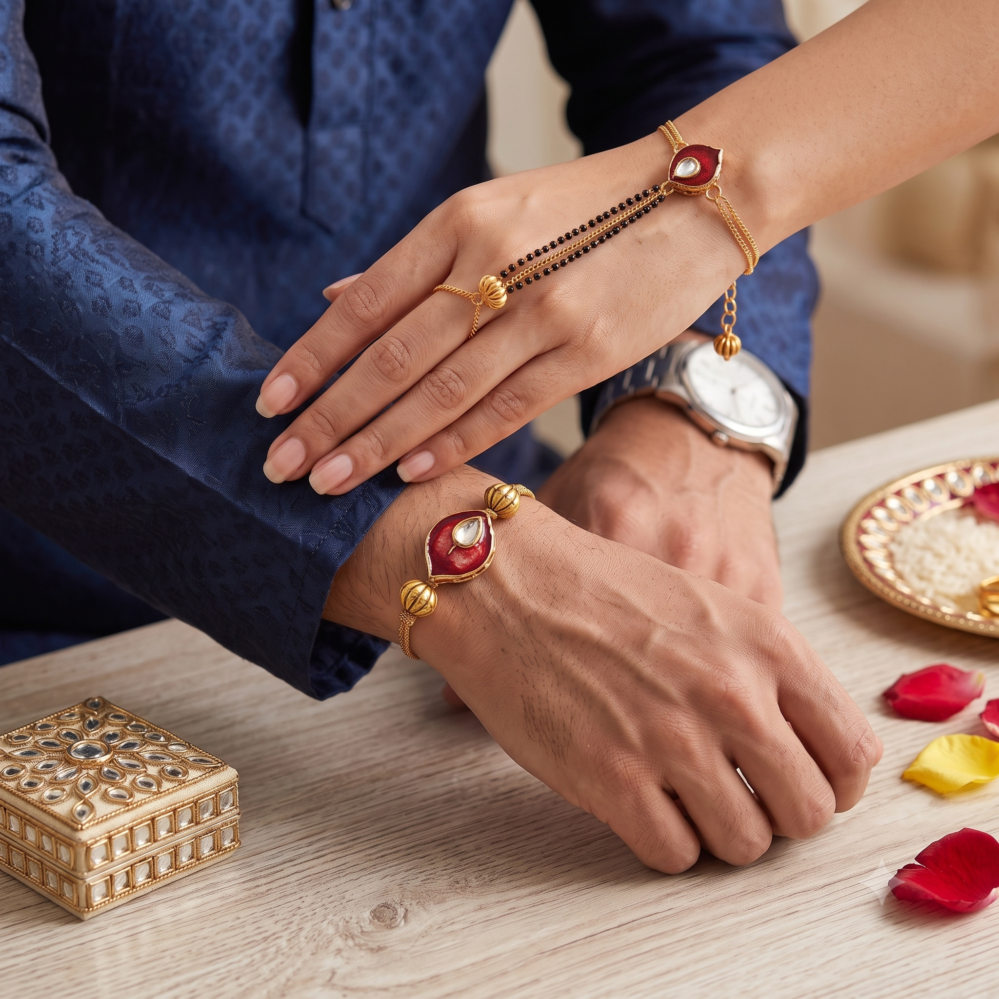 Premium Kundan & Red Meenakari Bhai Bhabhi Rakhi Set | Traditional Hathphool Lumba Bracelet with Matching Brother Rakhi