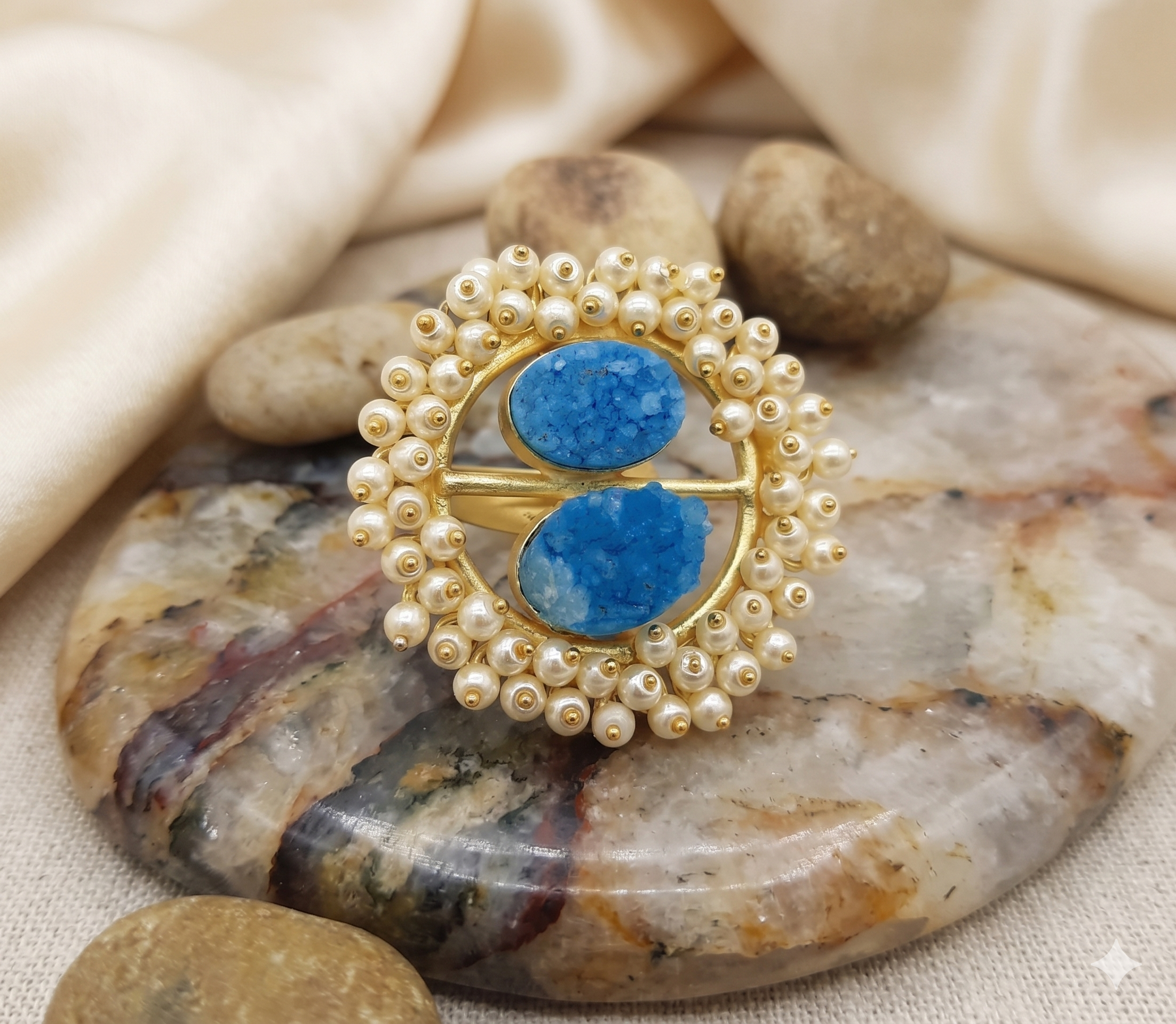 Handcrafted Gold-Tone Statement Ring with Vibrant Blue Druzy Stones and Pearl Halo