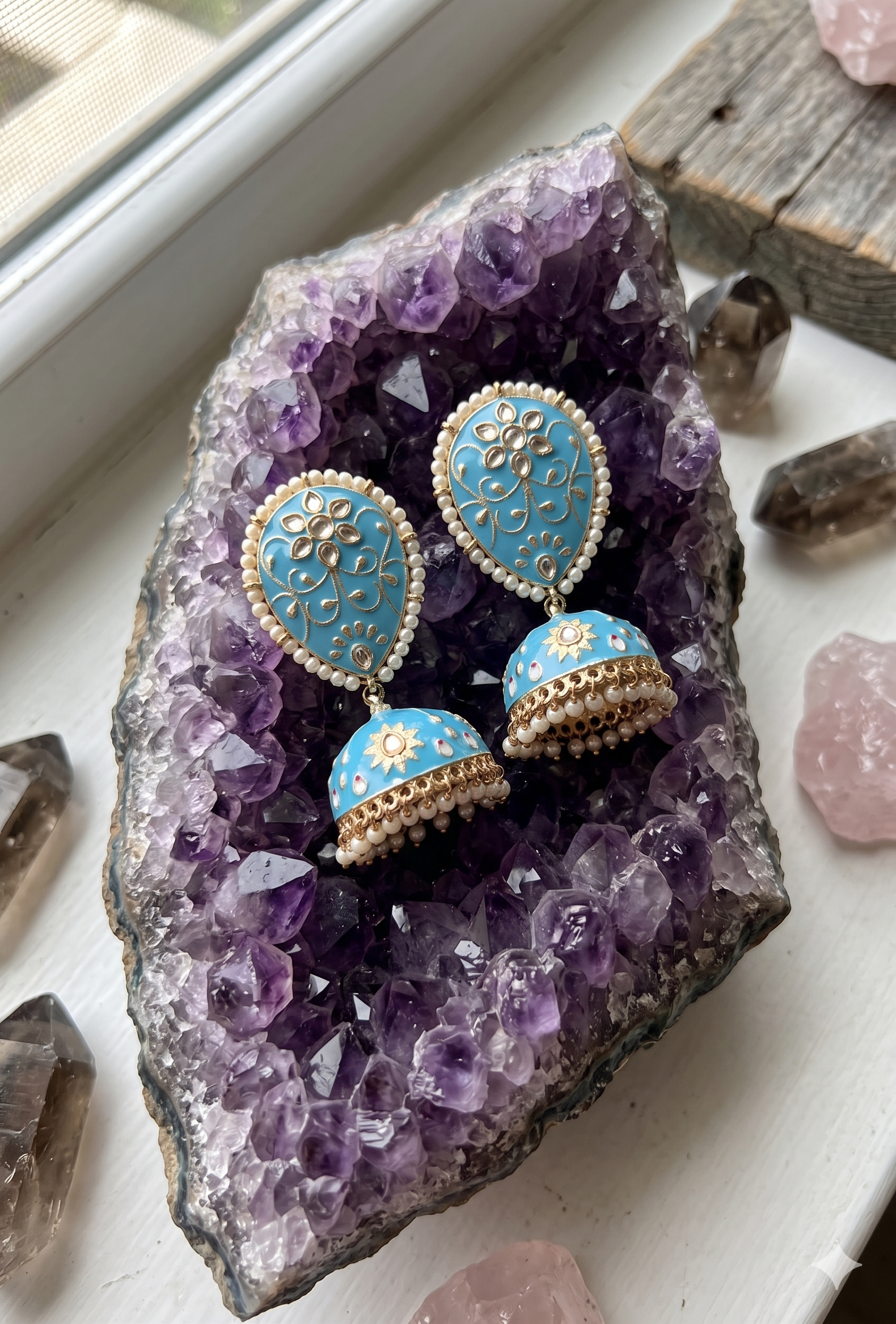 Sky Blue Meenakari Jhumka Earrings with Pearl Borders & Kundan Detailing