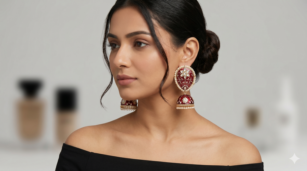 Handcrafted Red Meenakari Jhumka Earrings with Pearl Borders
