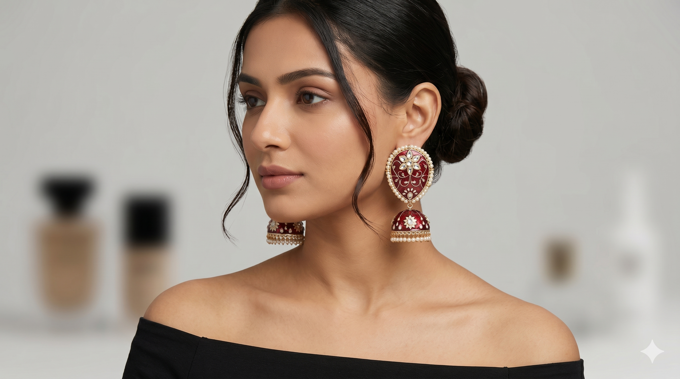 Handcrafted Red Meenakari Jhumka Earrings with Pearl Borders