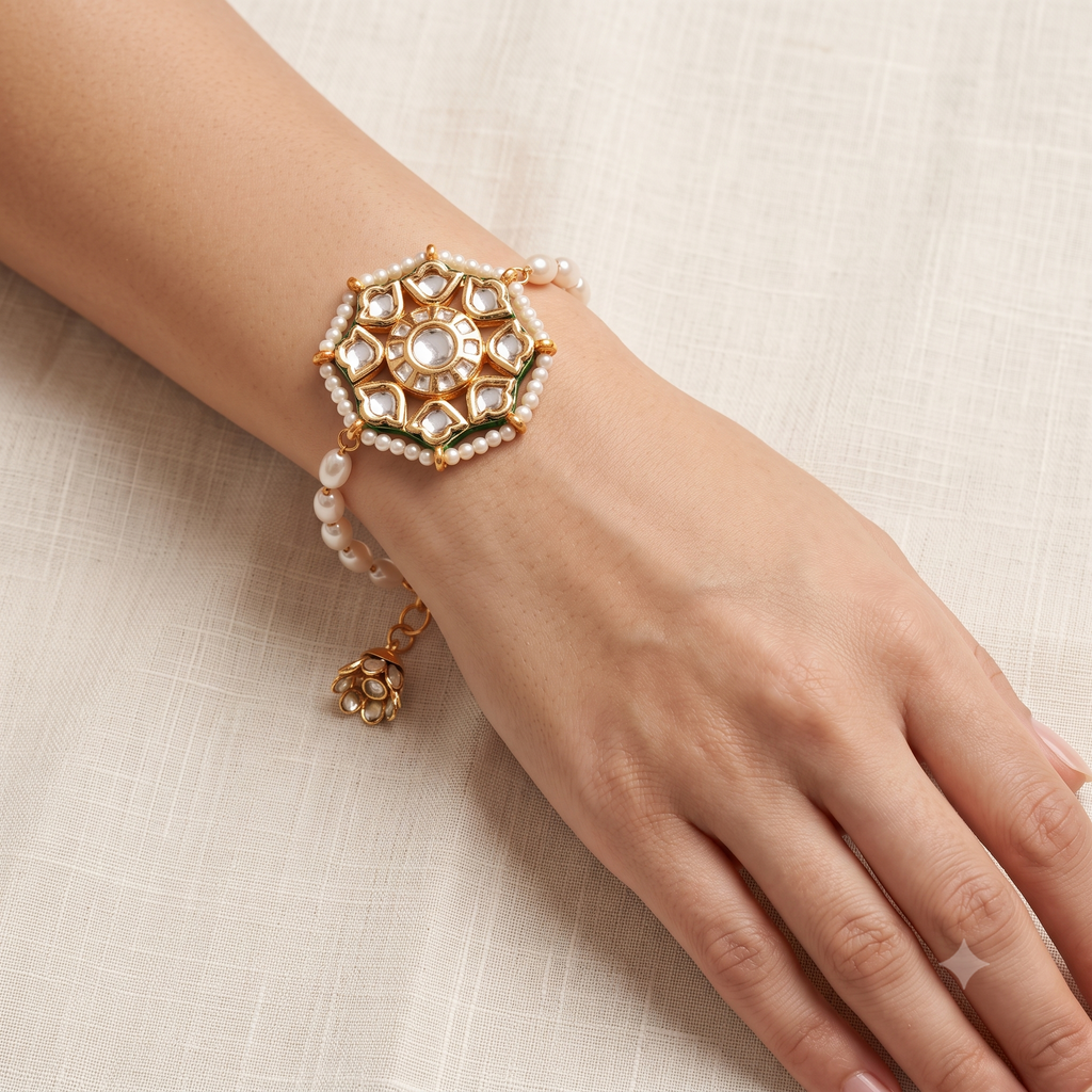 Designer Bhaiya Bhabhi Rakhi Set - Matching Kundan & Pearl Lumba Rakhi for Brother and Sister-in-Law
