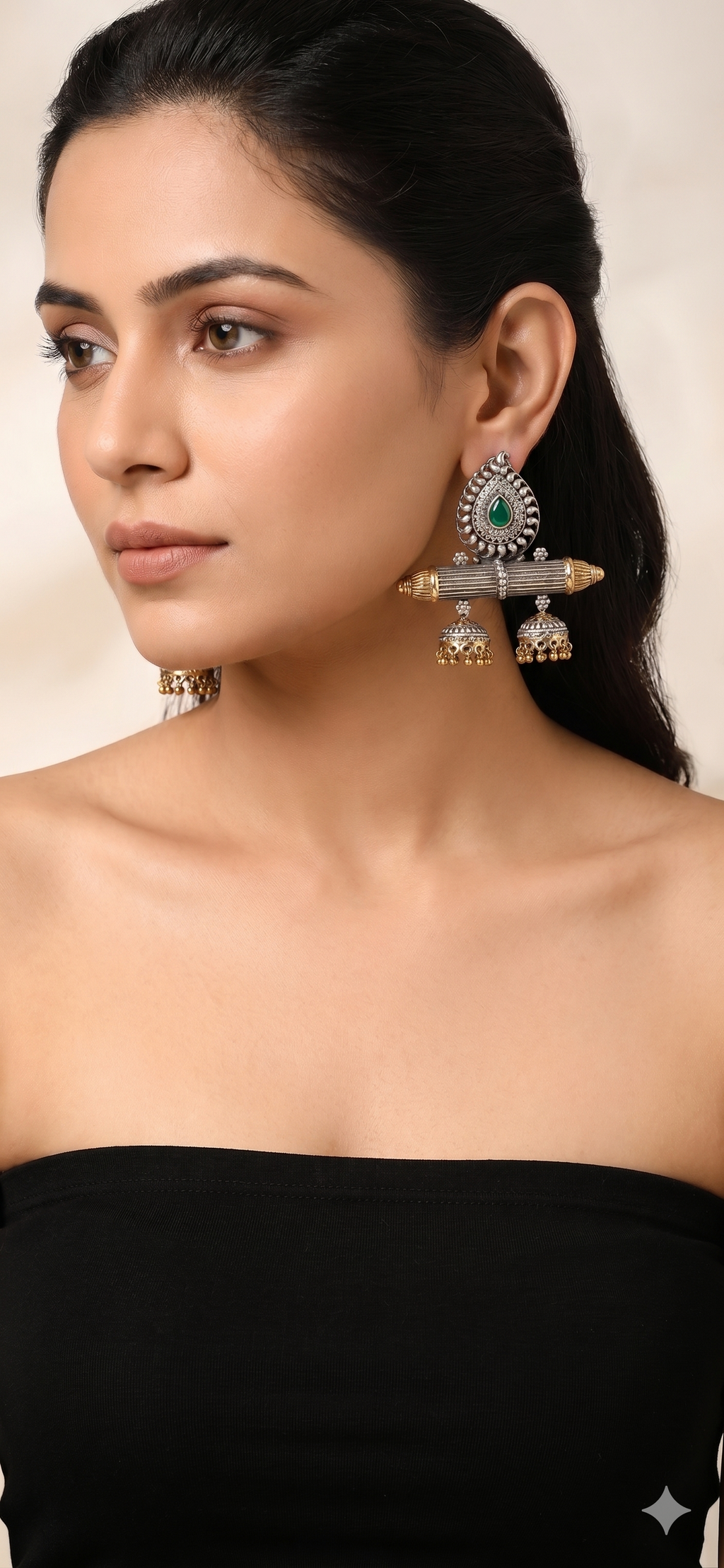 Oxidized Silver & Gold-Toned Tribal Fusion Jhumka Earrings with Emerald Green Stone
