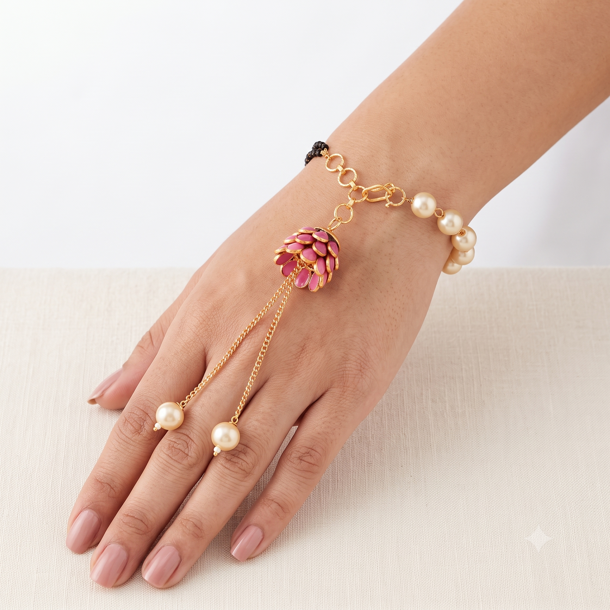 Elegant Bhaiya Bhabhi Rakhi Set - Pink Floral Thread Rakhi & Pearl Lumba Bracelet Combo
