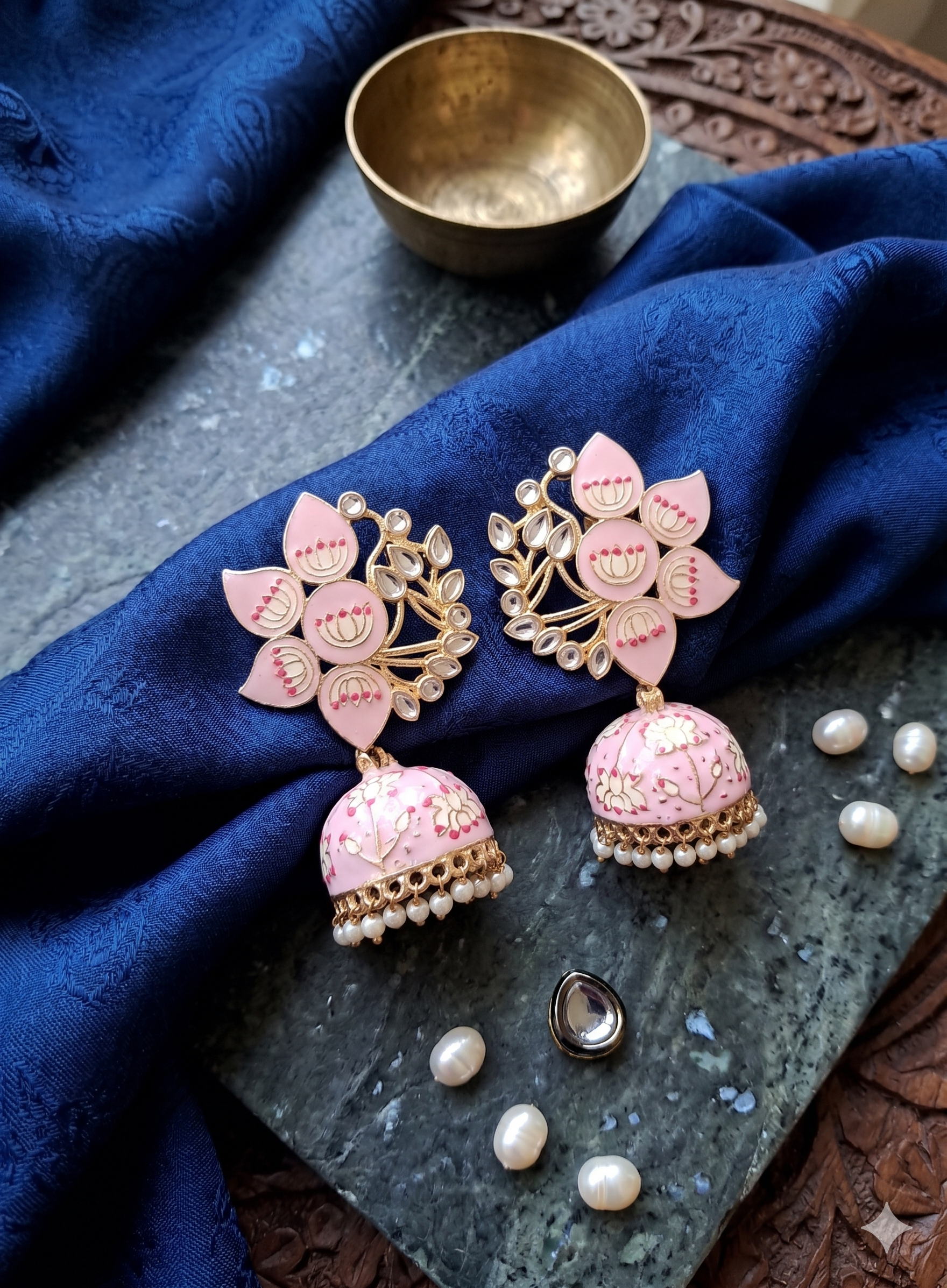 Pastel Pink Lotus Meenakari Jhumka Earrings.