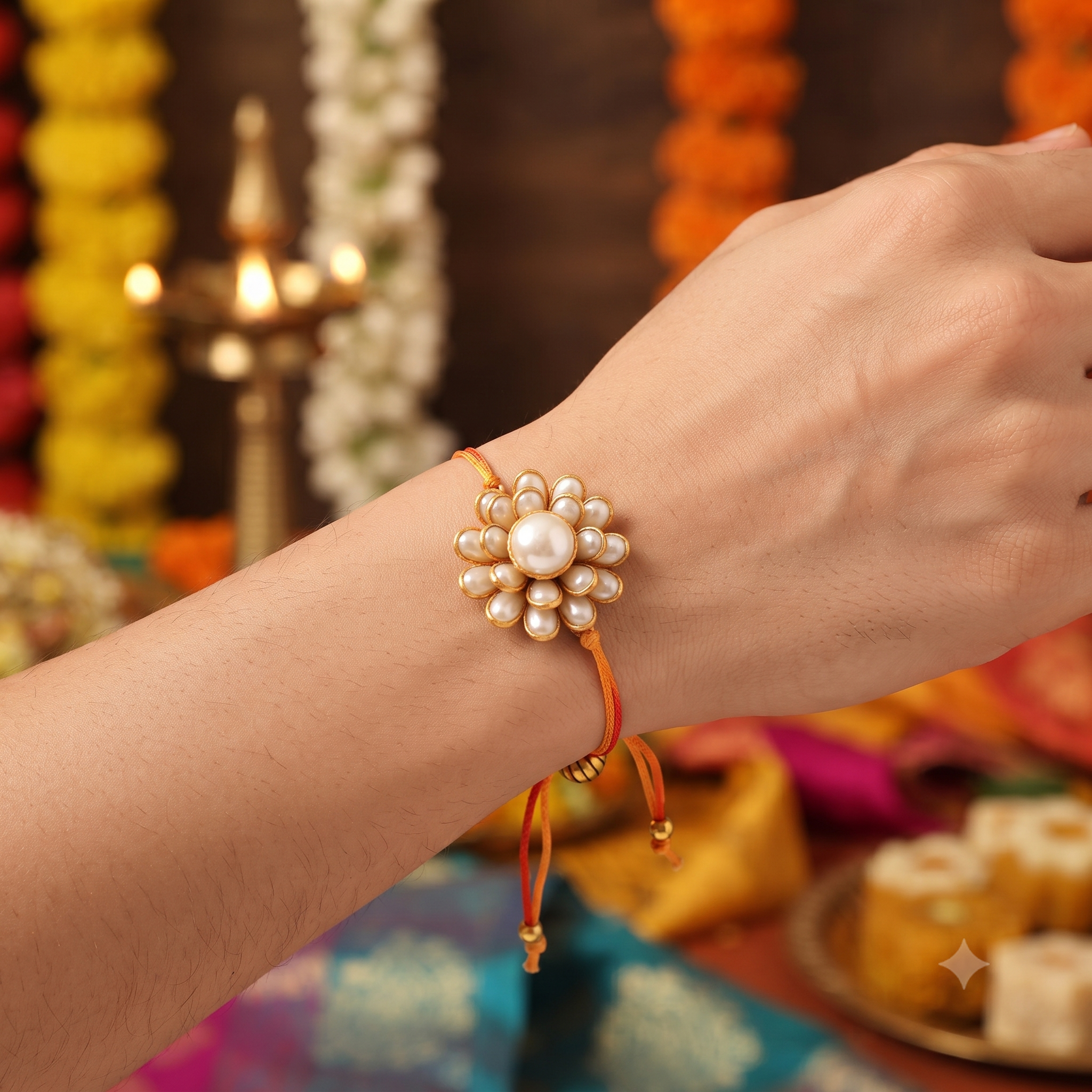 Elegant Pearl & Black Bead Mangalsutra Bracelet and Floral Rakhi Gift Set for Sister