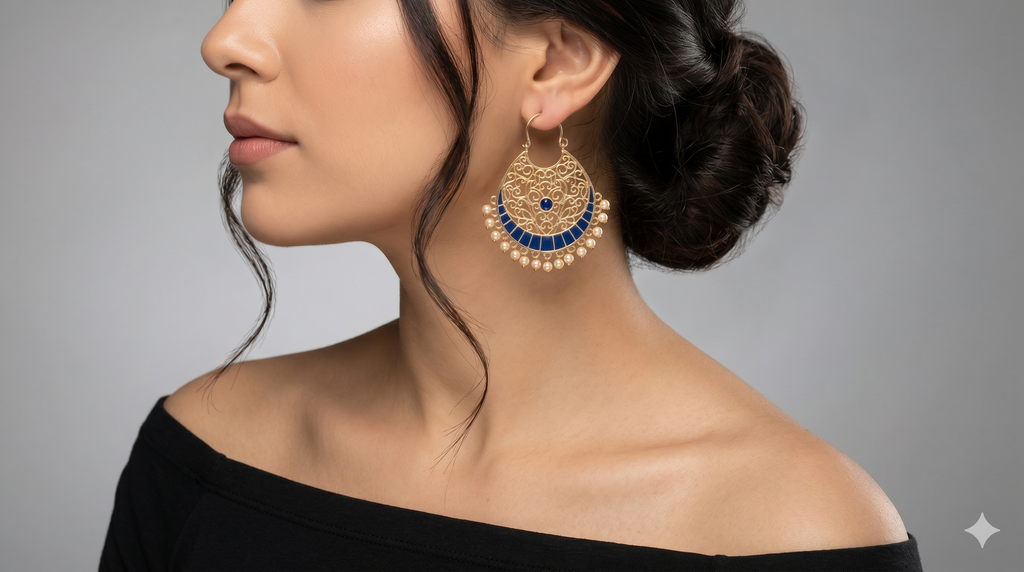 Royal Blue Enamel & Pearl Filigree Hoop Earrings – Gold Plated Chandbali Drop Earrings