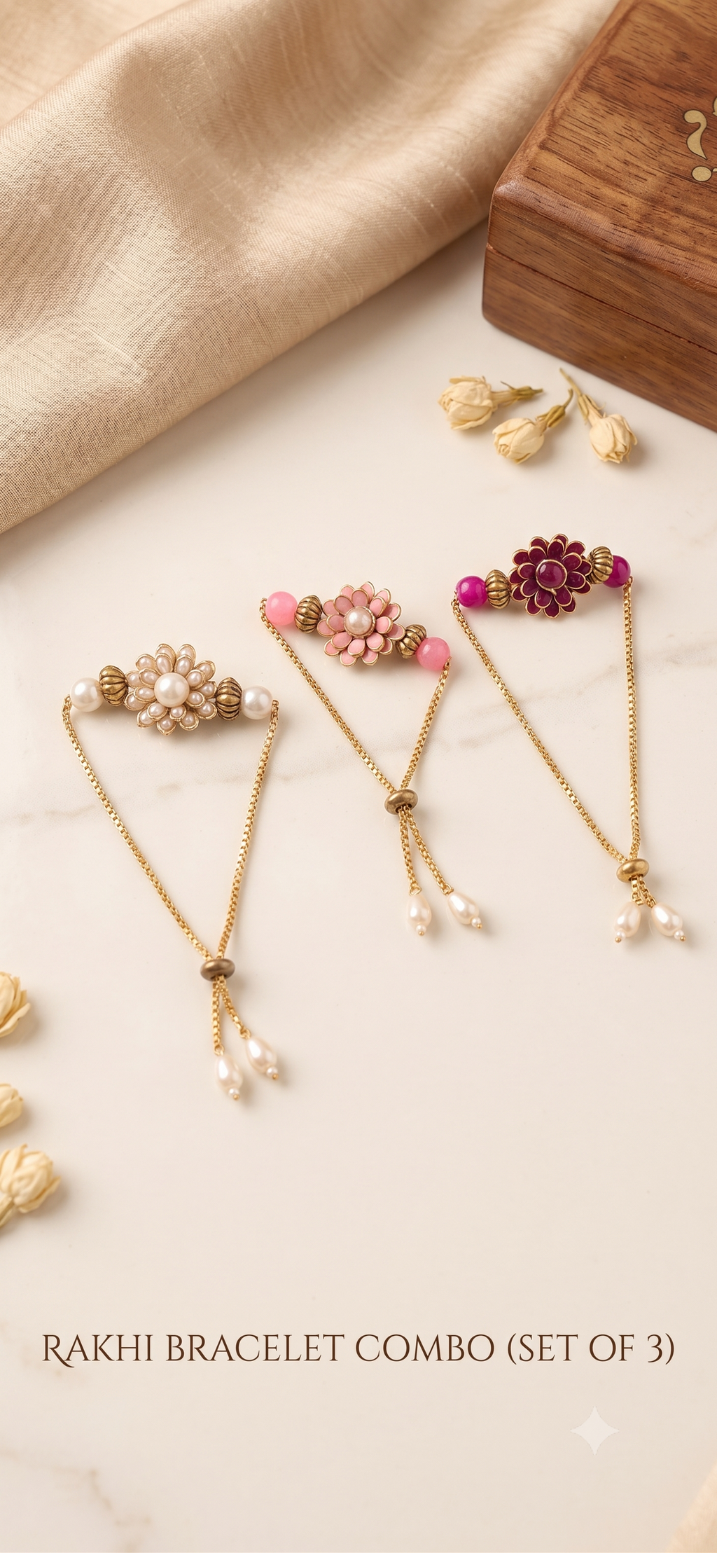 Set of 3 Designer Rakhi Bracelets for Brother - Pearl, Pink, and Maroon Floral Raksha Bandhan Combo Pack