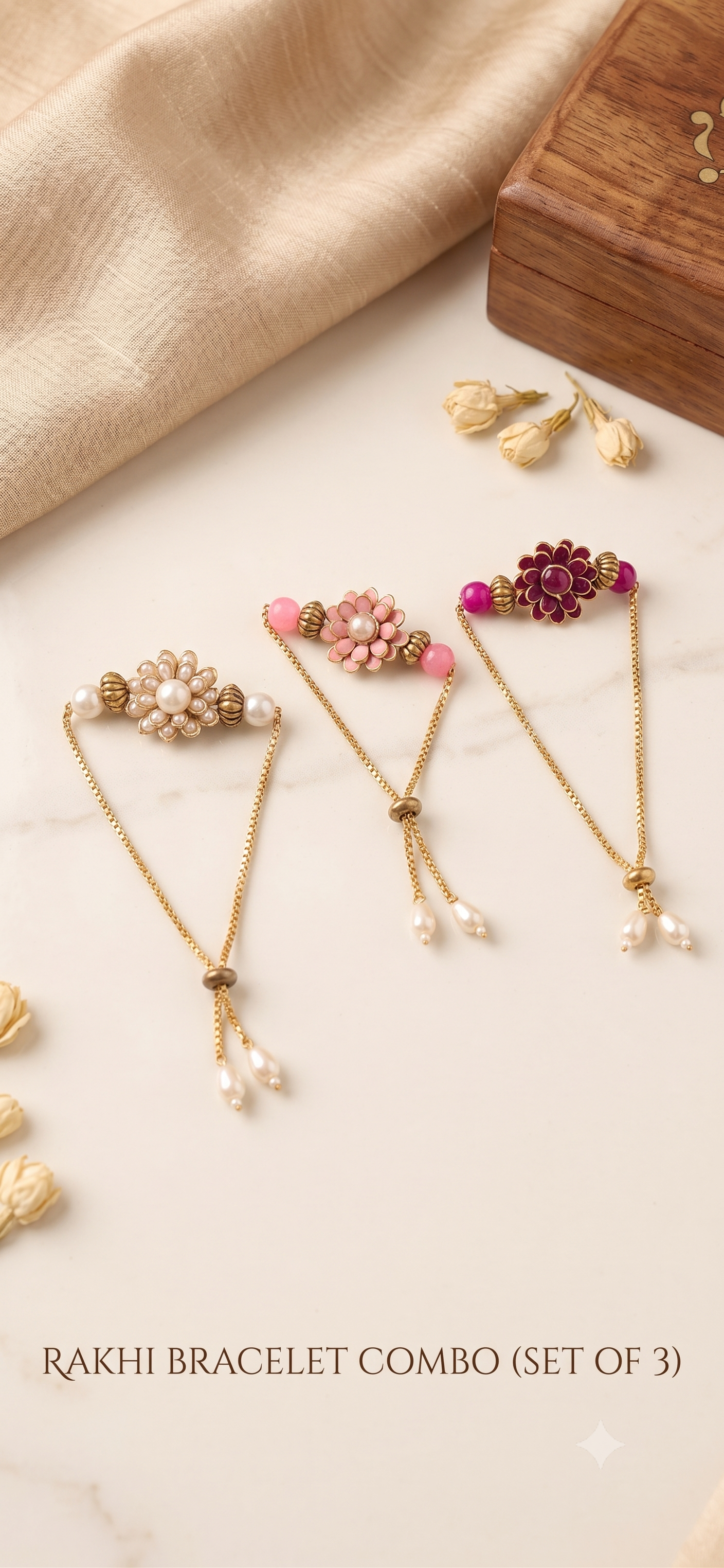 Set of 3 Designer Rakhi Bracelets for Brother - Pearl, Pink, and Maroon Floral Raksha Bandhan Combo Pack