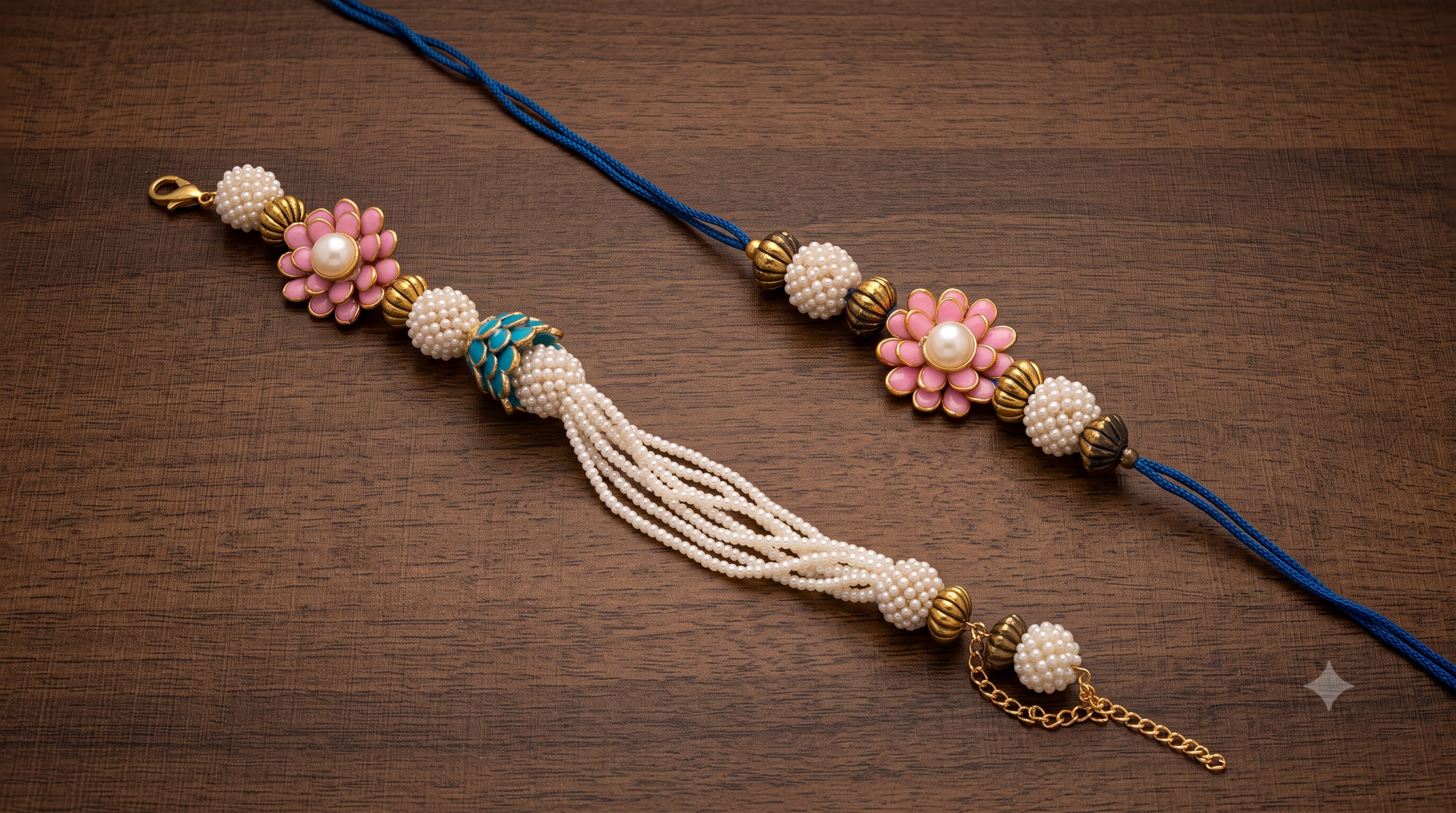 Handcrafted Aurora Pearl & Enamel Rakhi Set - Set of 2 matching rakhis for brother and sister, with intricate blue lotus bead and pink flowers. Gift-ready packaging and fast shipping within India.