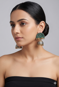 Antique Dual-Tone "Mayur" Peacock Jhumkas with Emerald-Green Stones
